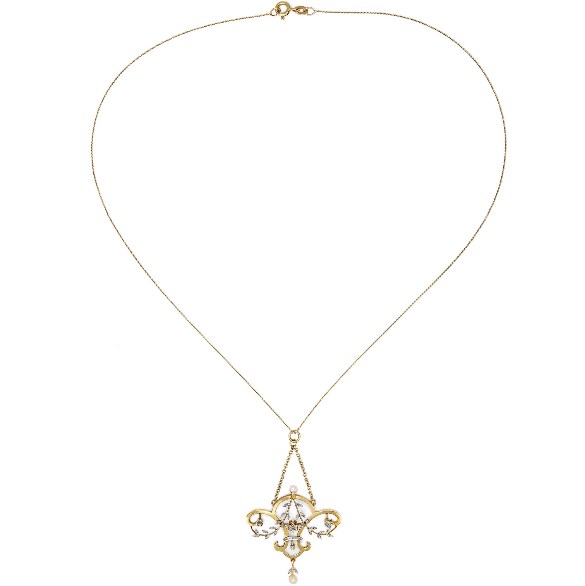 Zarter Anhänger mit Diamanten & Perlen in Gold & Platin, um 1910 Zarter Anhänger mit Diamanten & Perlen in Gold & Platin, um 1910