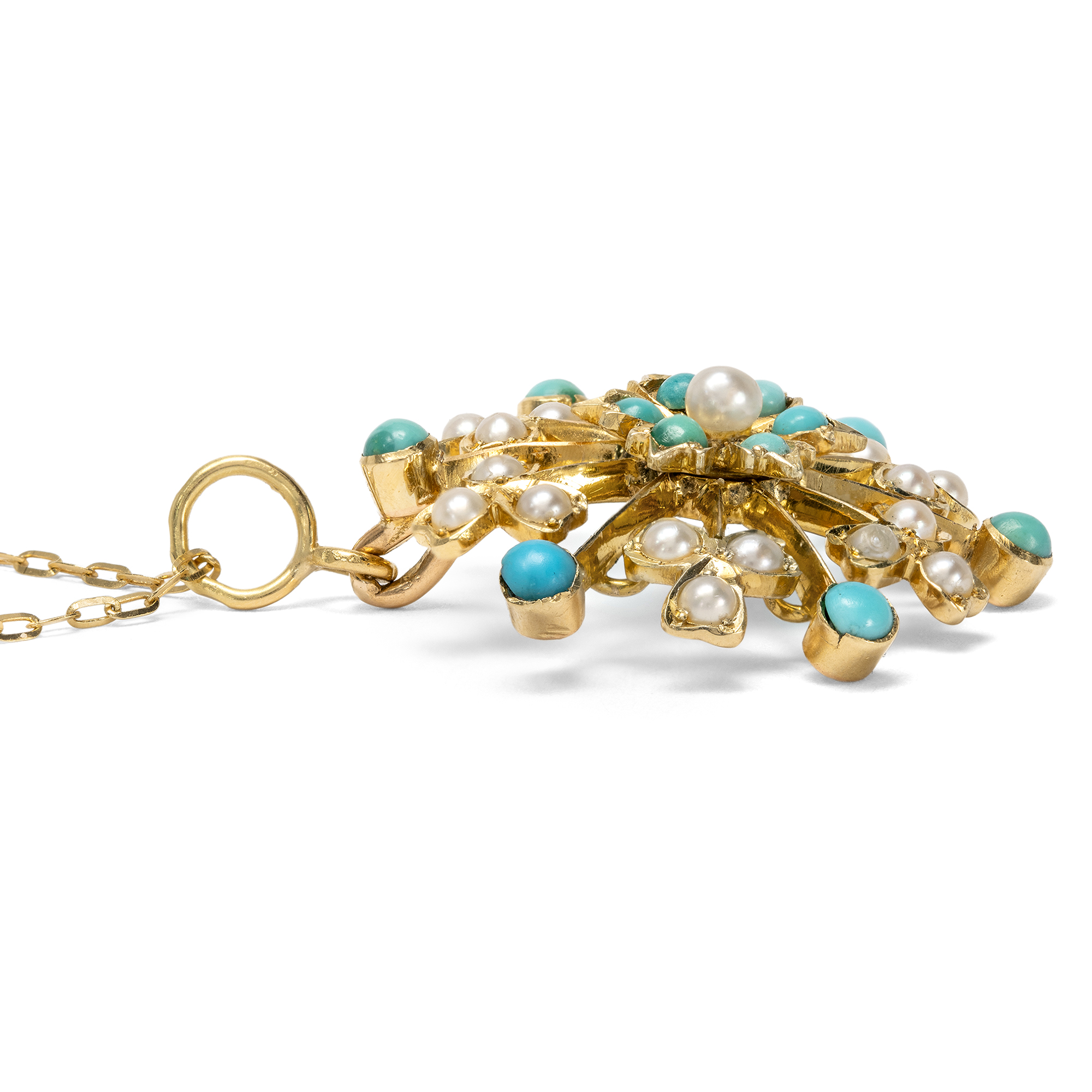 Zarter floraler Anhänger mit Türkisen & Naturperlen in Gold, England um 1910 Zarter floraler Anhänger mit Türkisen & Naturperlen in Gold, England um 1910