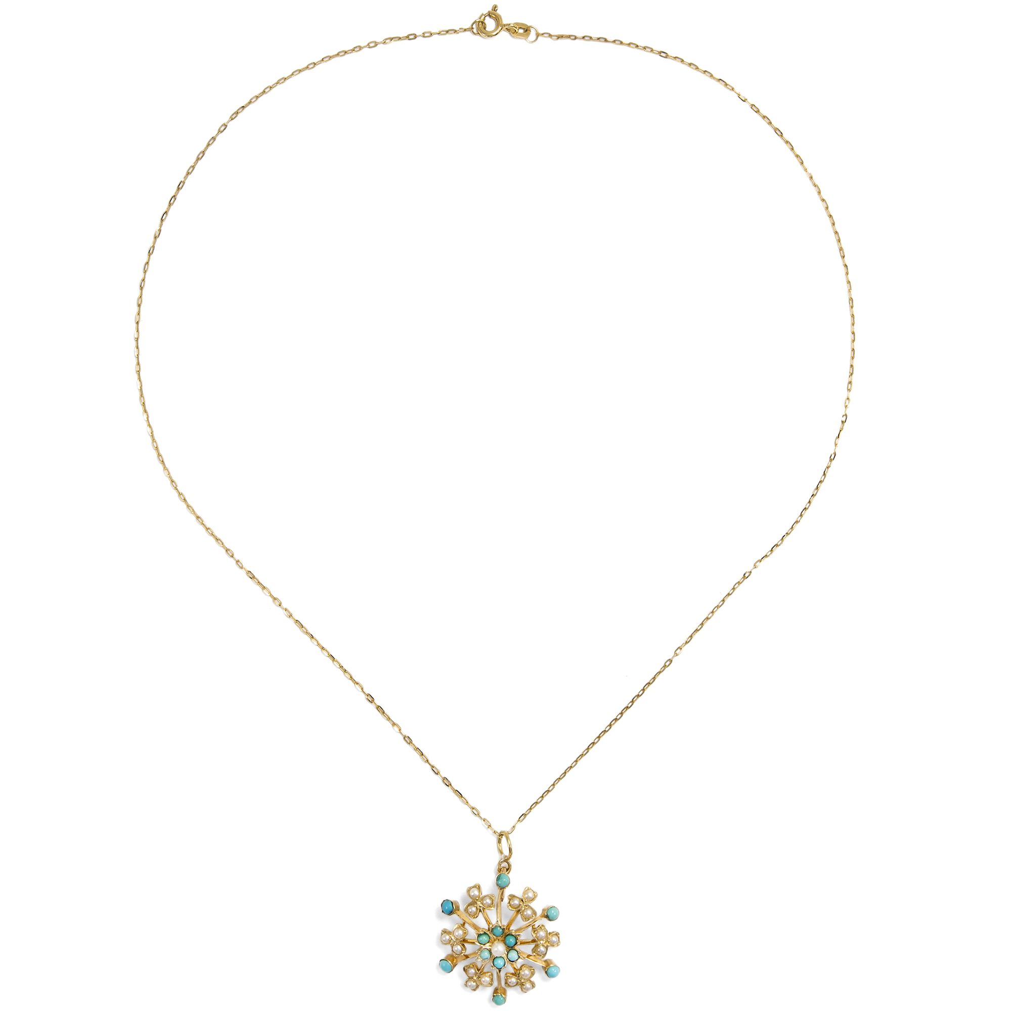 Zarter floraler Anhänger mit Türkisen & Naturperlen in Gold, England um 1910 Zarter floraler Anhänger mit Türkisen & Naturperlen in Gold, England um 1910