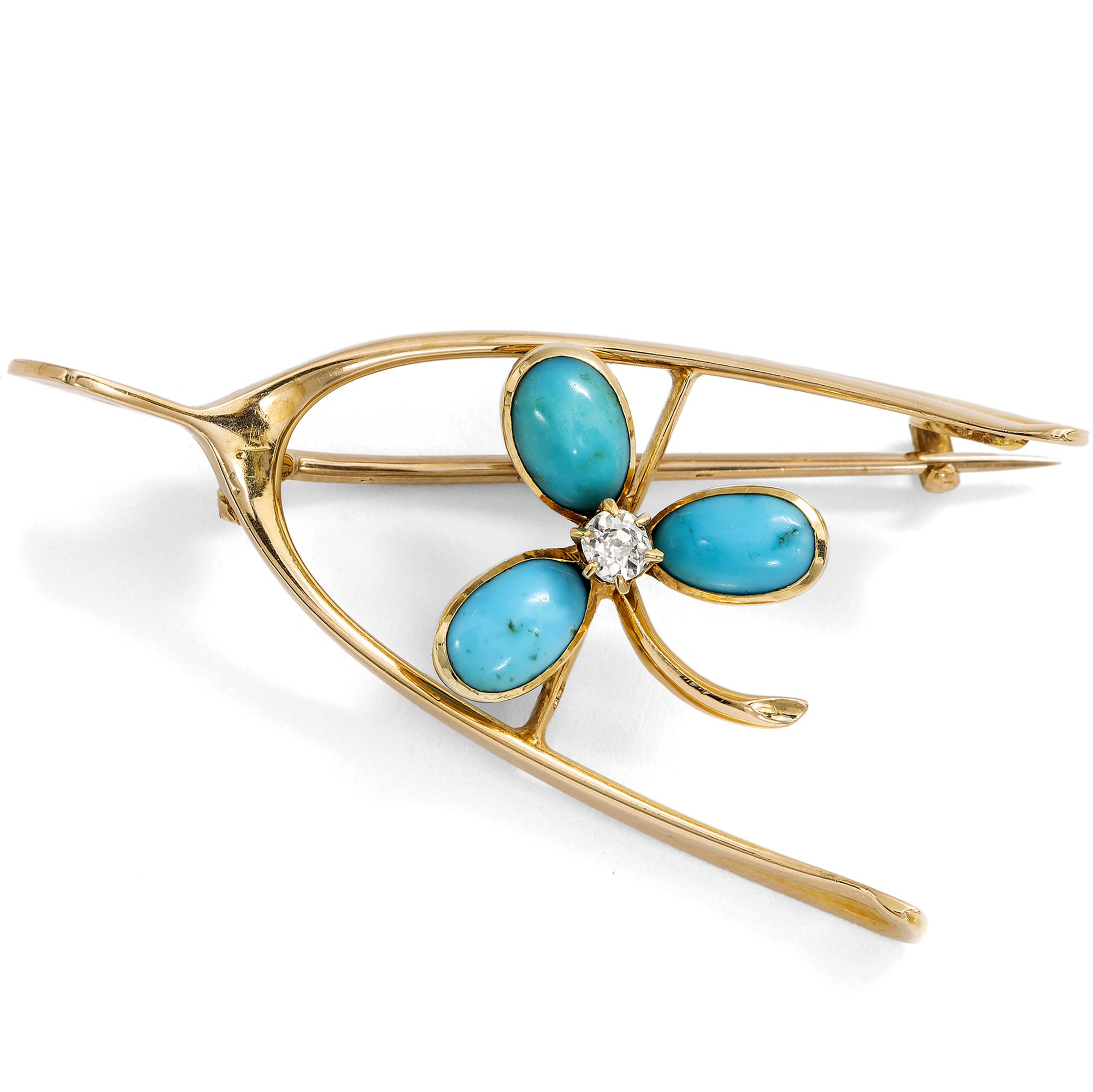 Antike „Wishbone“-Brosche mit Türkisen in Gold, Großbritannien um 1900 Antike „Wishbone“-Brosche mit Türkisen in Gold, Großbritannien um 1900