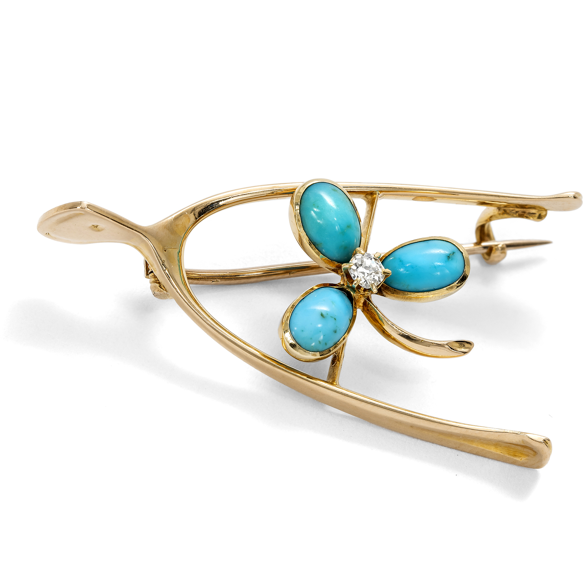 Antike „Wishbone“-Brosche mit Türkisen in Gold, Großbritannien um 1900 Antike „Wishbone“-Brosche mit Türkisen in Gold, Großbritannien um 1900