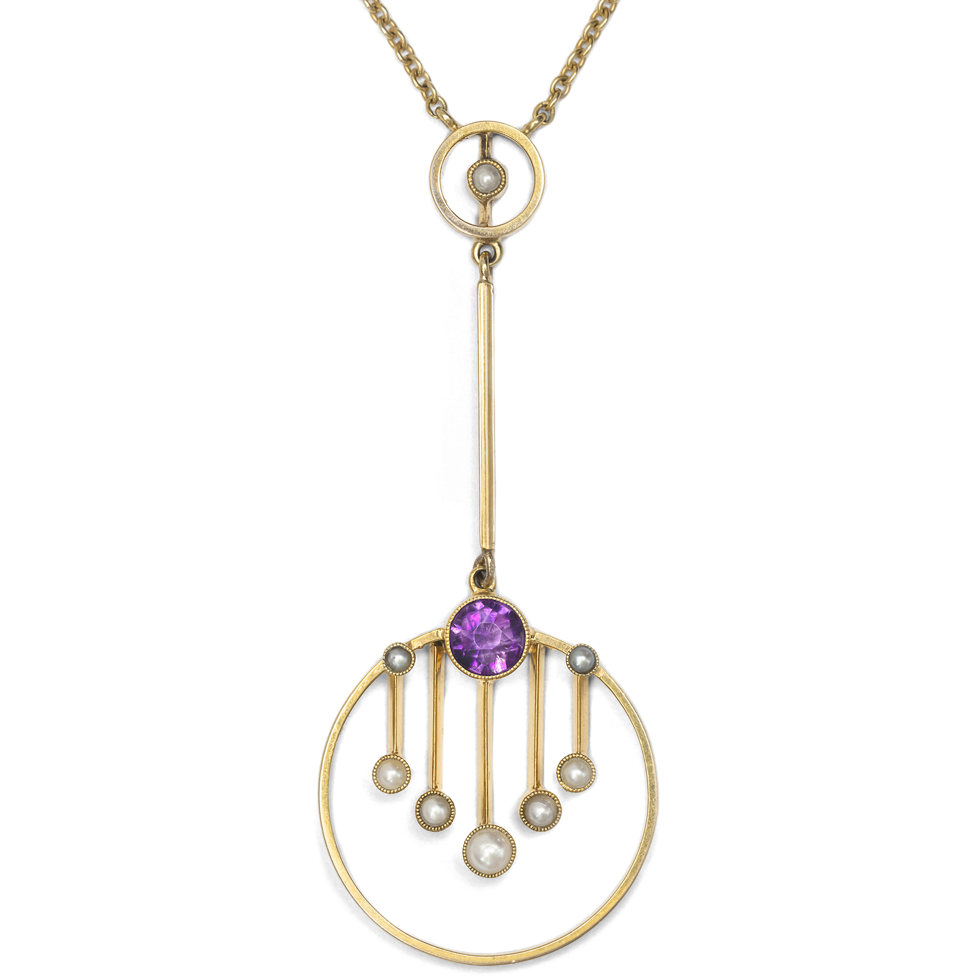 Eleganter Anhänger im Jugendstil mit Amethyst & Perlen in Gold, Großbritannien um 1910 Eleganter Anhänger im Jugendstil mit Amethyst & Perlen in Gold, Großbritannien um 1910