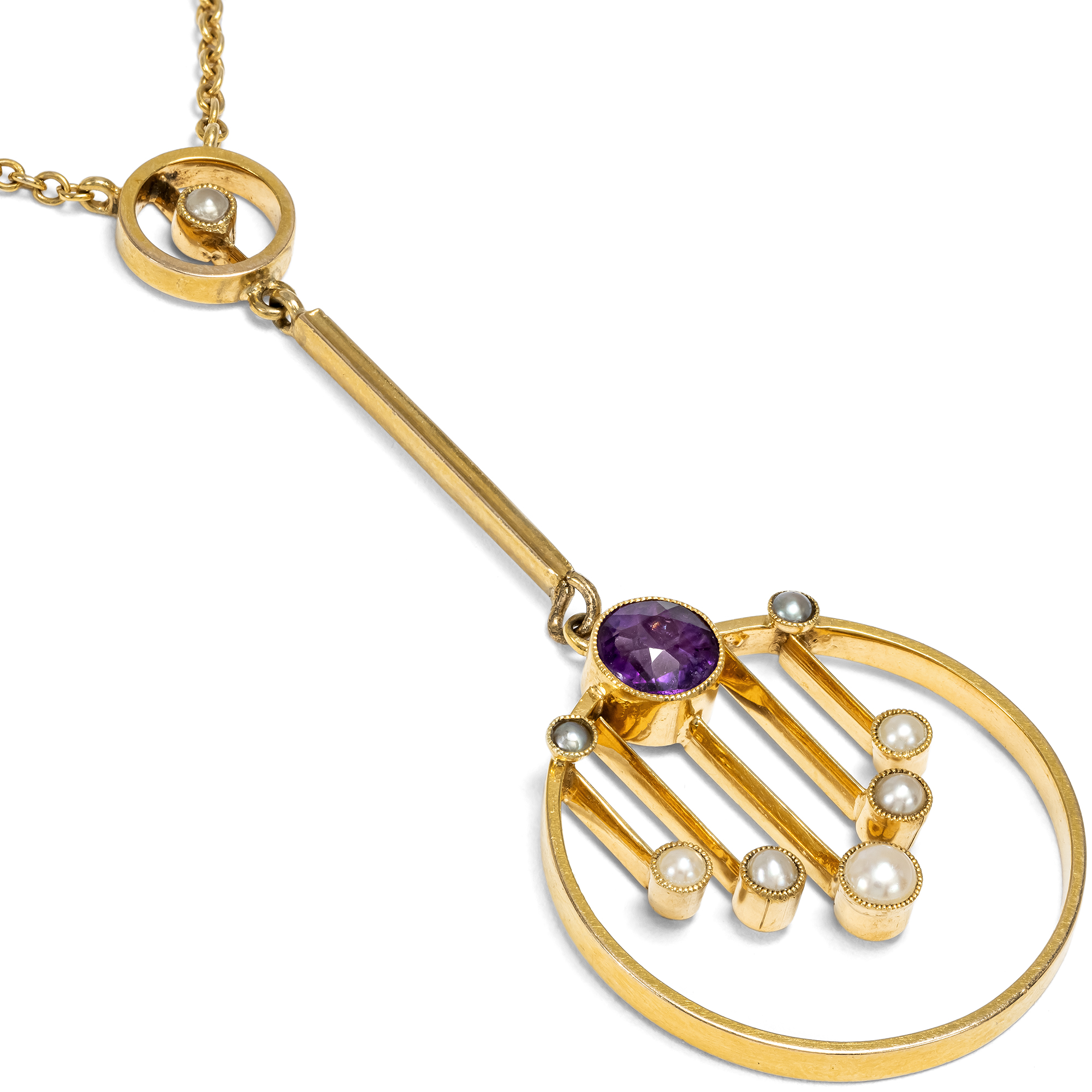 Eleganter Anhänger im Jugendstil mit Amethyst & Perlen in Gold, Großbritannien um 1910 Eleganter Anhänger im Jugendstil mit Amethyst & Perlen in Gold, Großbritannien um 1910
