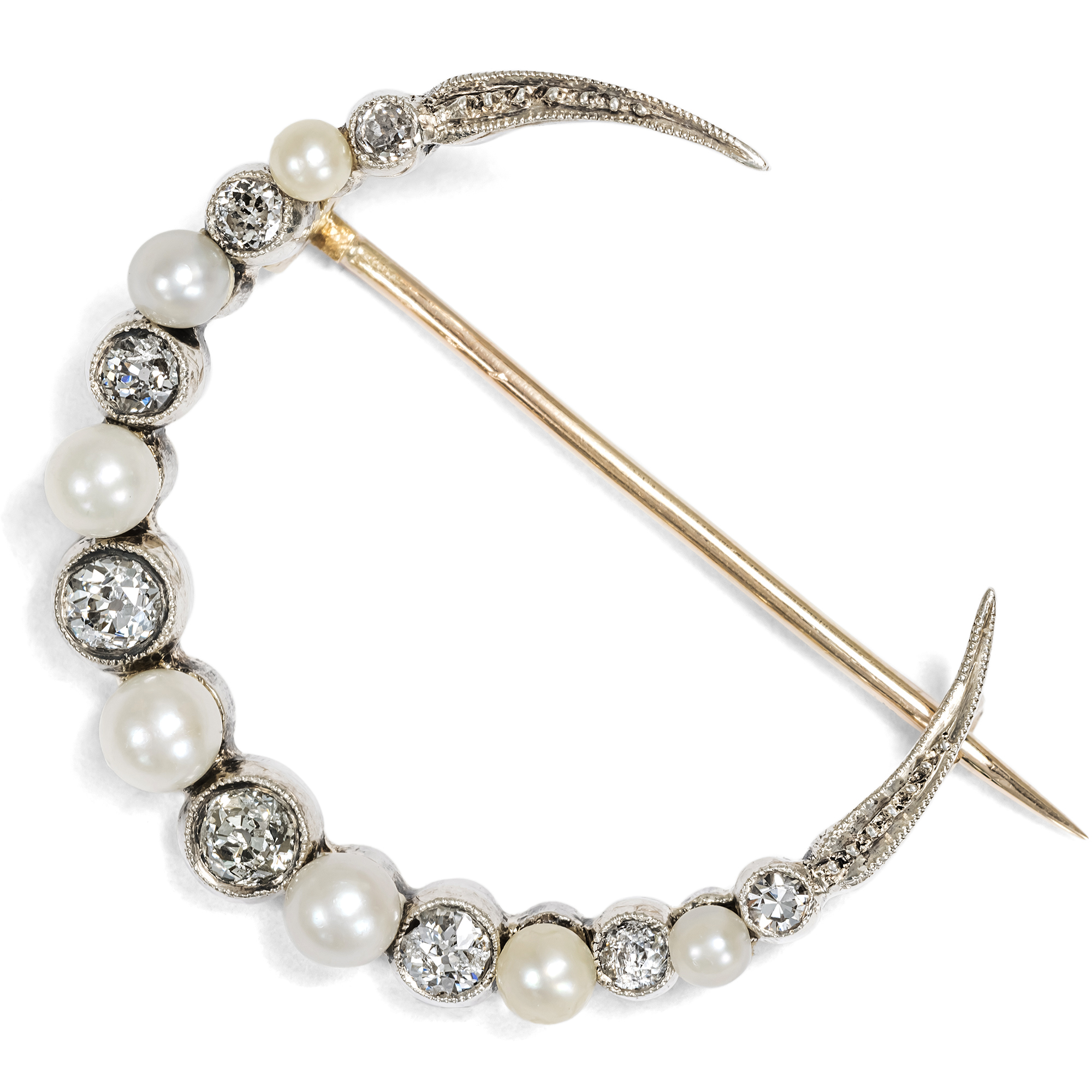 Antike Brosche mit Perlen & Diamanten in Form eines Mondes, um 1905