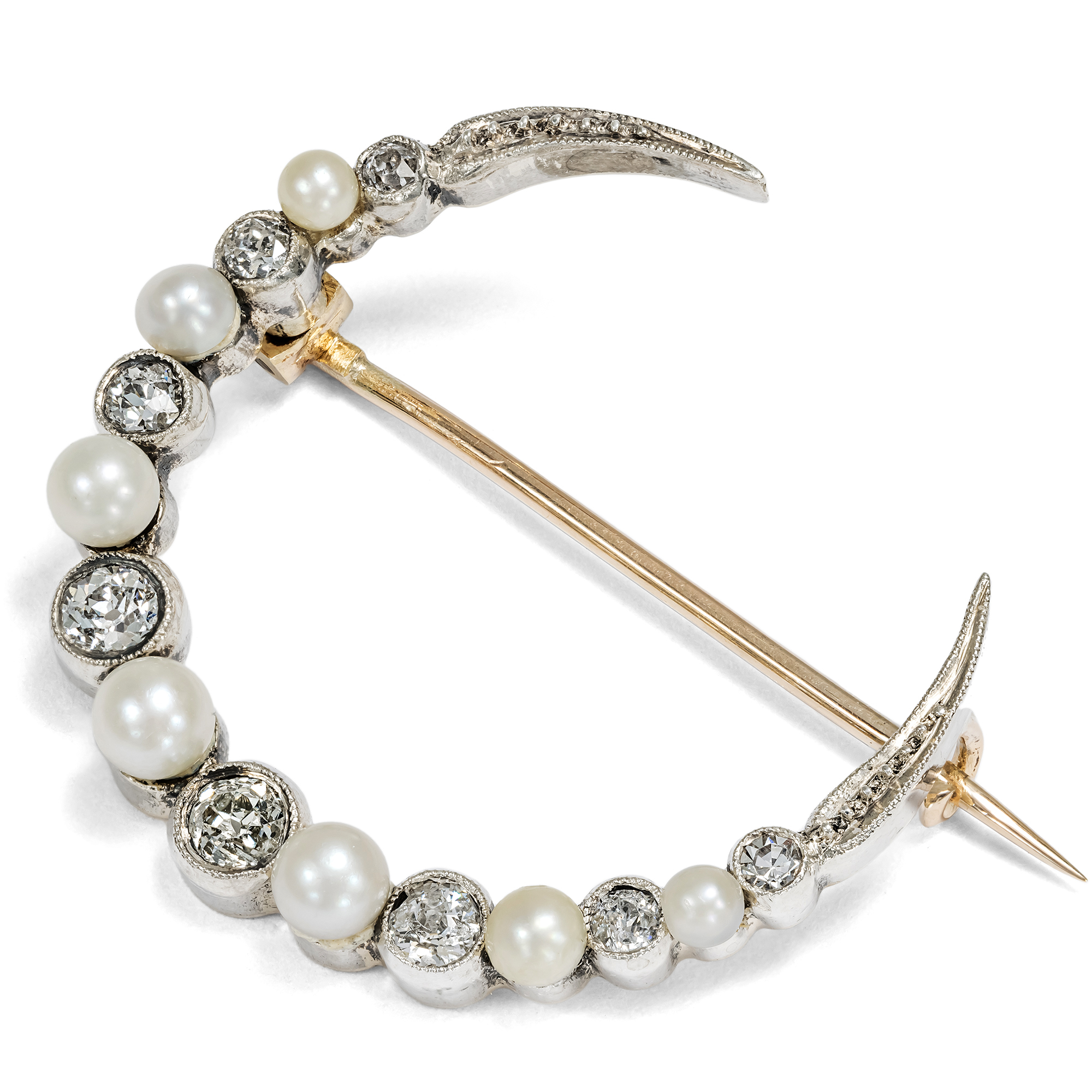 Antike Brosche mit Perlen & Diamanten in Form eines Mondes, um 1905