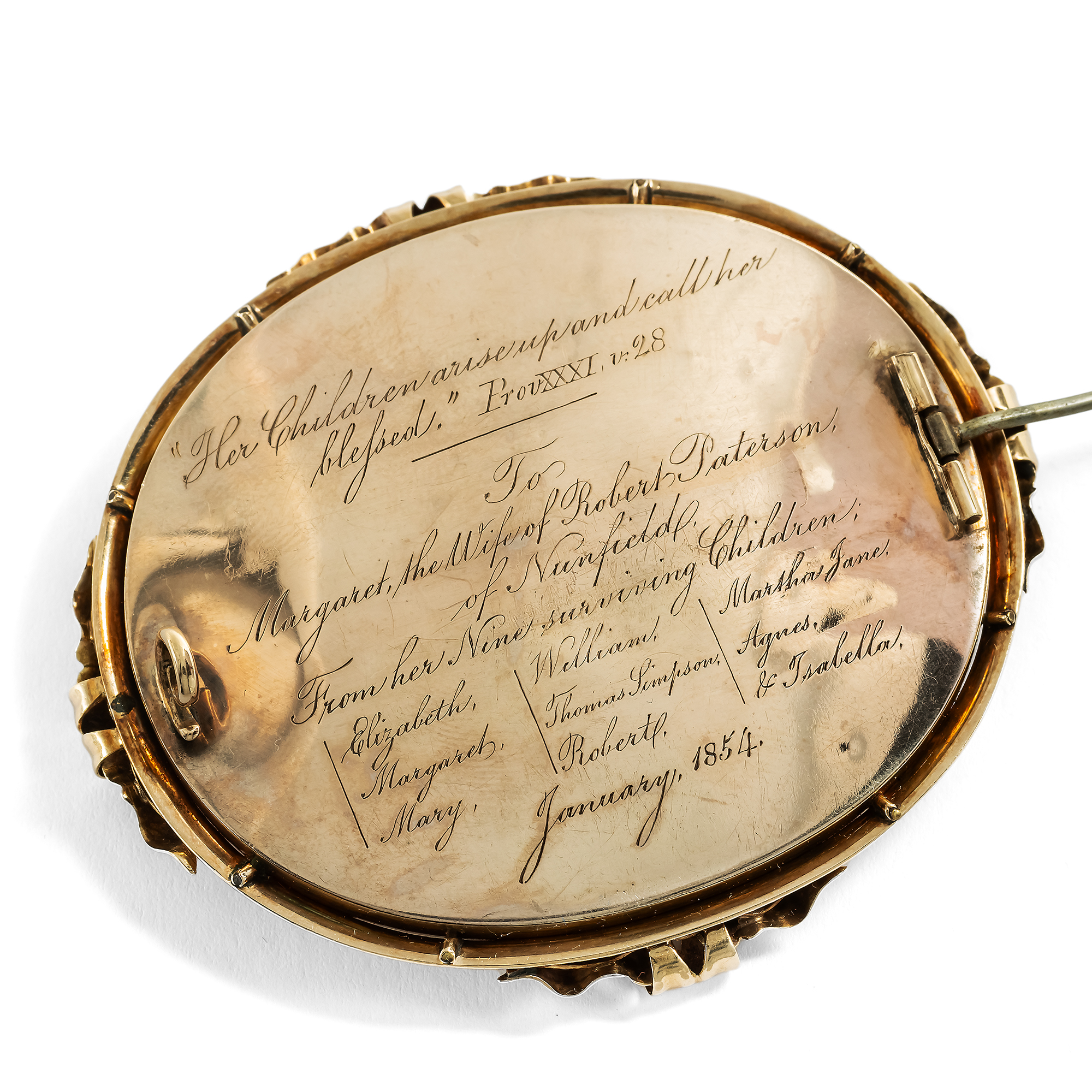 Große Erinnerungs-Brosche aus Gold mit Perlen, Großbritannien datiert 1854 Große Erinnerungs-Brosche aus Gold mit Perlen, Großbritannien datiert 1854