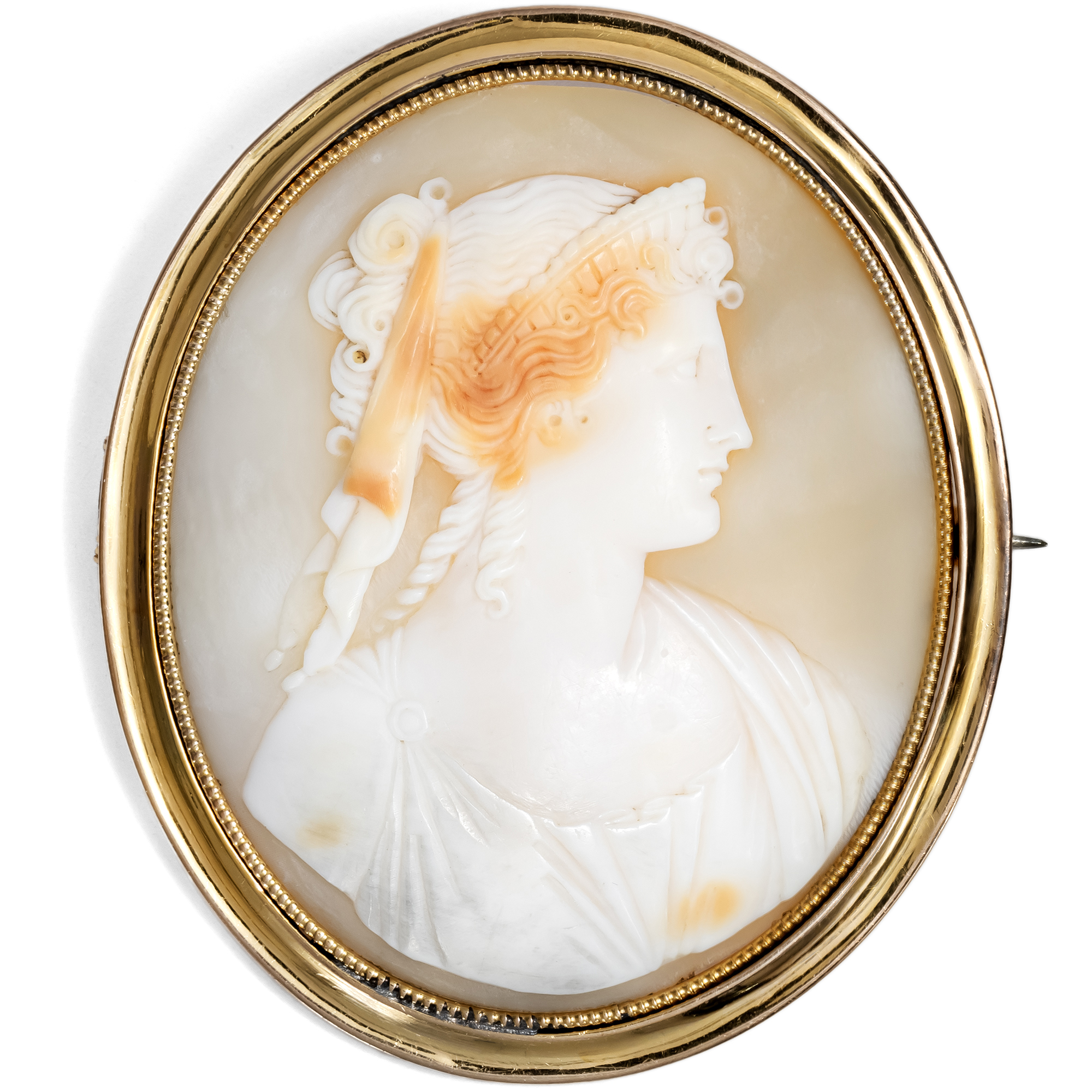 Elegante antike Muschelgemme als Brosche in Gold, England/Italien um 1890
Elegante antike Muschelgemme als Brosche in Gold, England/Italien um 1890