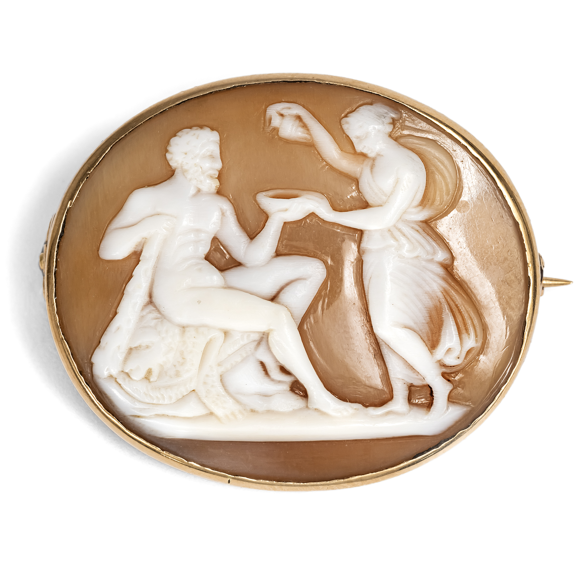 Kleine Muschelgemme mit Herkules und Hebe nach Thorvaldsen in Gold, um 1875 Kleine Muschelgemme mit Herkules und Hebe nach Thorvaldsen in Gold, um 1875