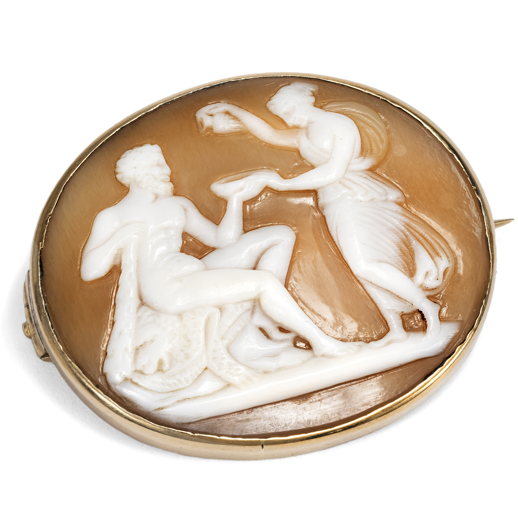 Kleine Muschelgemme mit Herkules und Hebe nach Thorvaldsen in Gold, um 1875 Kleine Muschelgemme mit Herkules und Hebe nach Thorvaldsen in Gold, um 1875