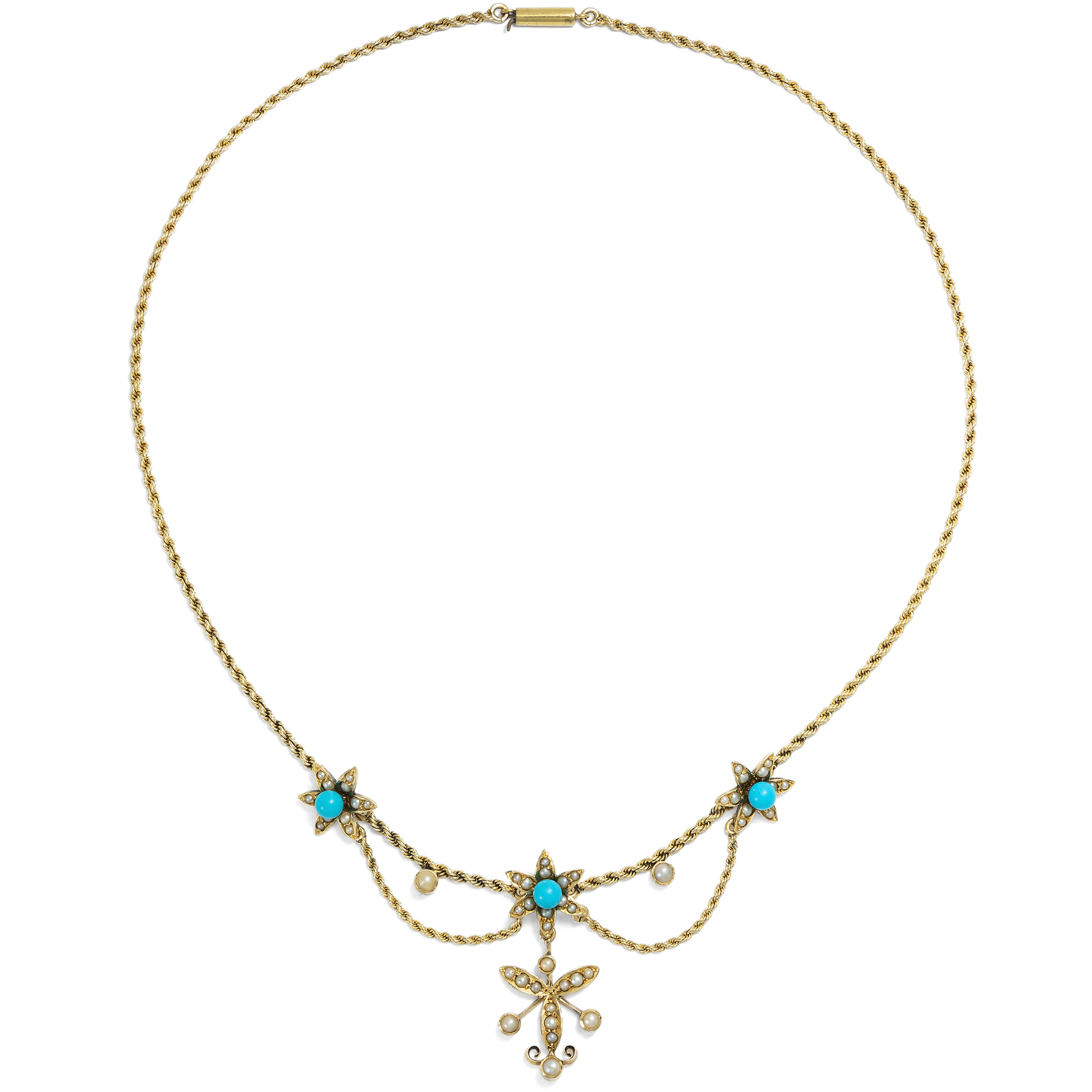 Zartes Collier mit Perlen & hellblauem Glas in Gold, Großbritannien um 1900 Zartes Collier mit Perlen & hellblauem Glas in Gold, Großbritannien um 1900