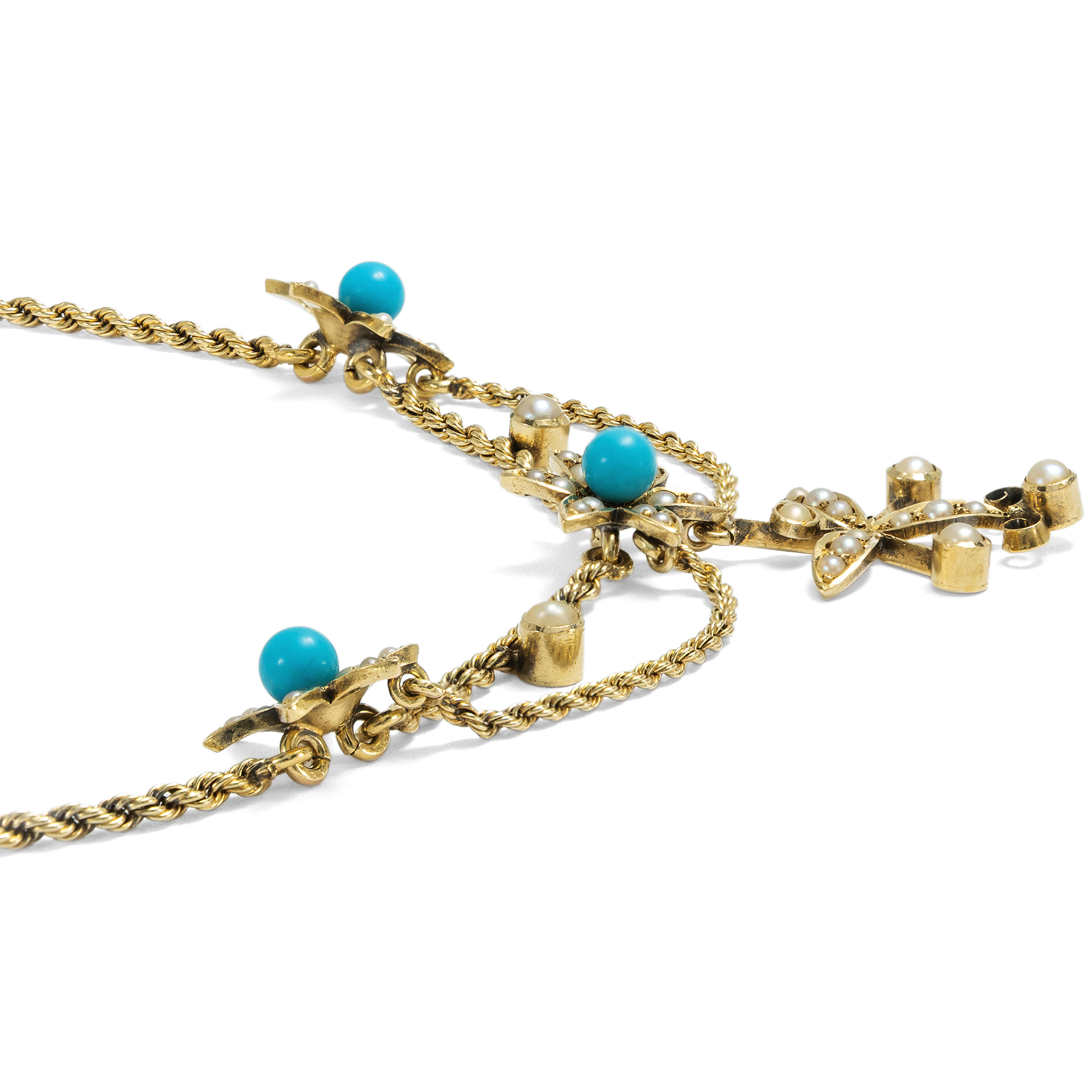 Zartes Collier mit Perlen & hellblauem Glas in Gold, Großbritannien um 1900 Zartes Collier mit Perlen & hellblauem Glas in Gold, Großbritannien um 1900
