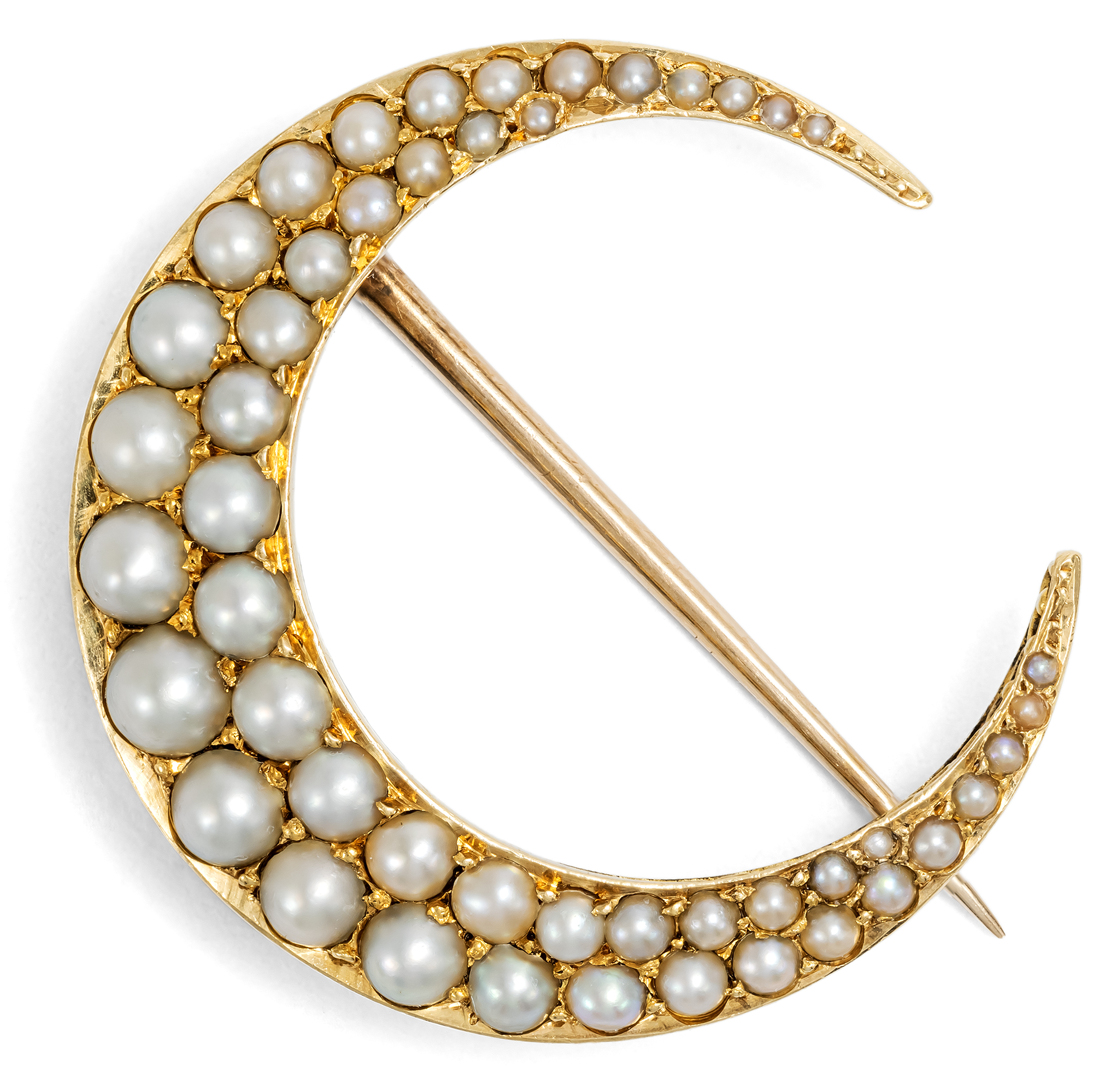 Antike Brosche in Form eines Sichelmondes mit Perlen in Gold, um 1895 Antike Brosche in Form eines Sichelmondes mit Perlen in Gold, um 1895