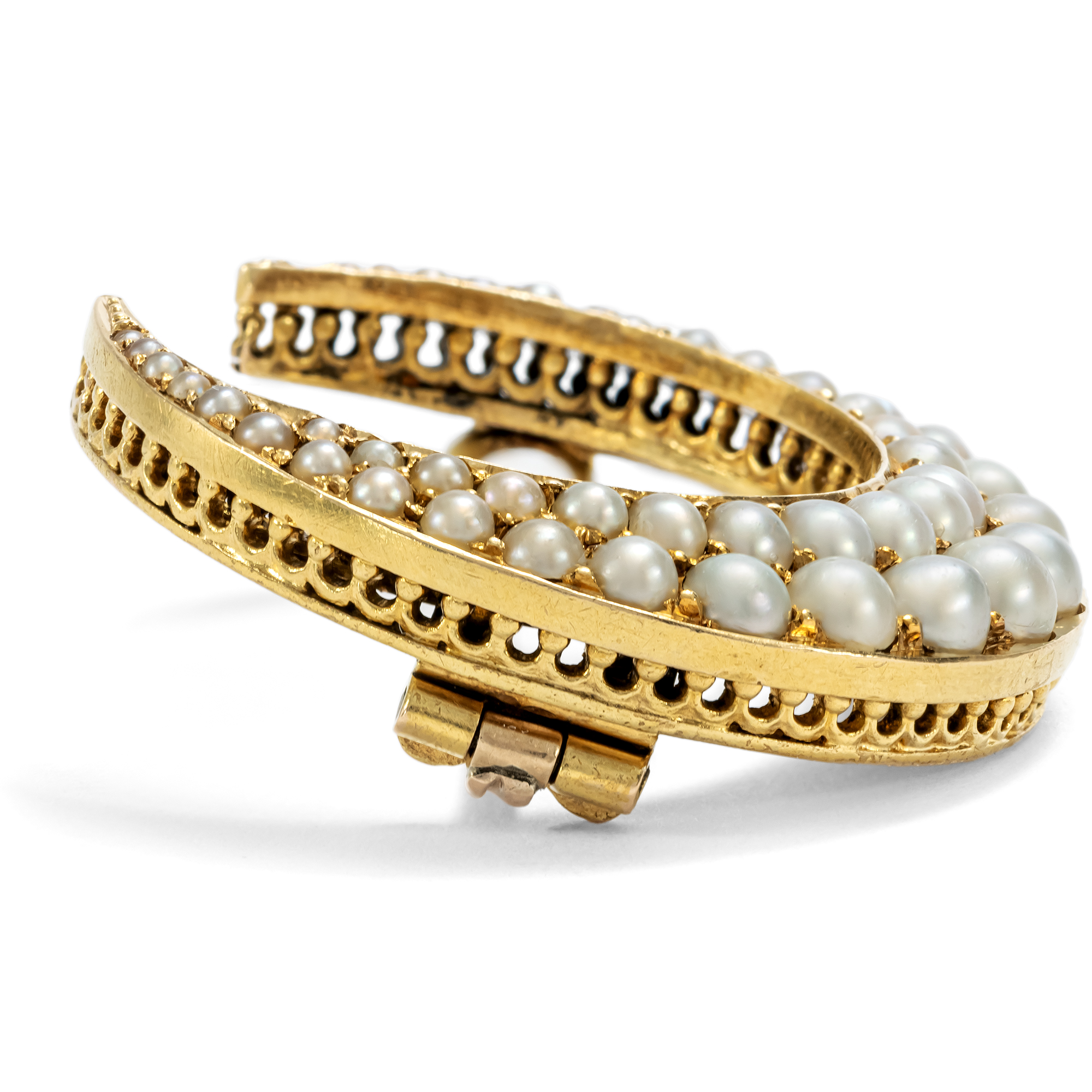 Antike Brosche in Form eines Sichelmondes mit Perlen in Gold, um 1895 Antike Brosche in Form eines Sichelmondes mit Perlen in Gold, um 1895