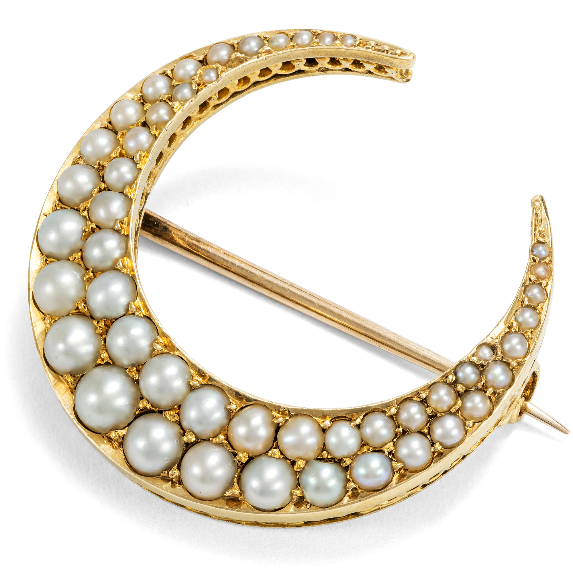 Antike Brosche in Form eines Sichelmondes mit Perlen in Gold, um 1895 Antike Brosche in Form eines Sichelmondes mit Perlen in Gold, um 1895