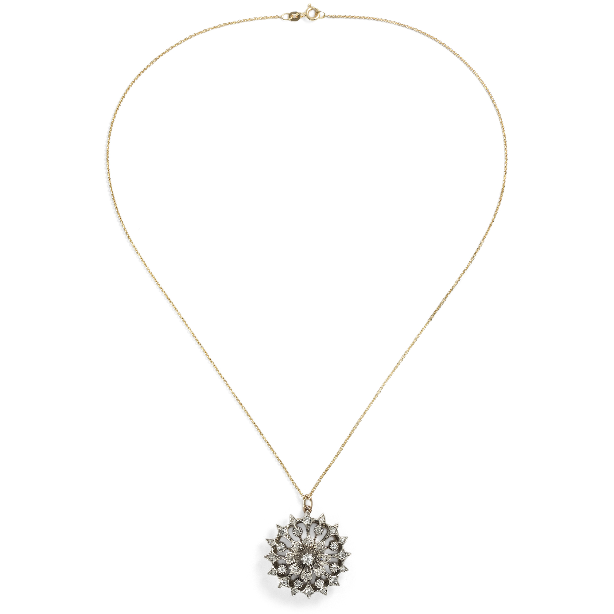 Elegante Anhänger-Brosche der Belle Èpoque mit Diamanten in Silber & Gold, um 1890 Elegante Anhänger-Brosche der Belle Èpoque mit Diamanten in Silber & Gold, um 1890