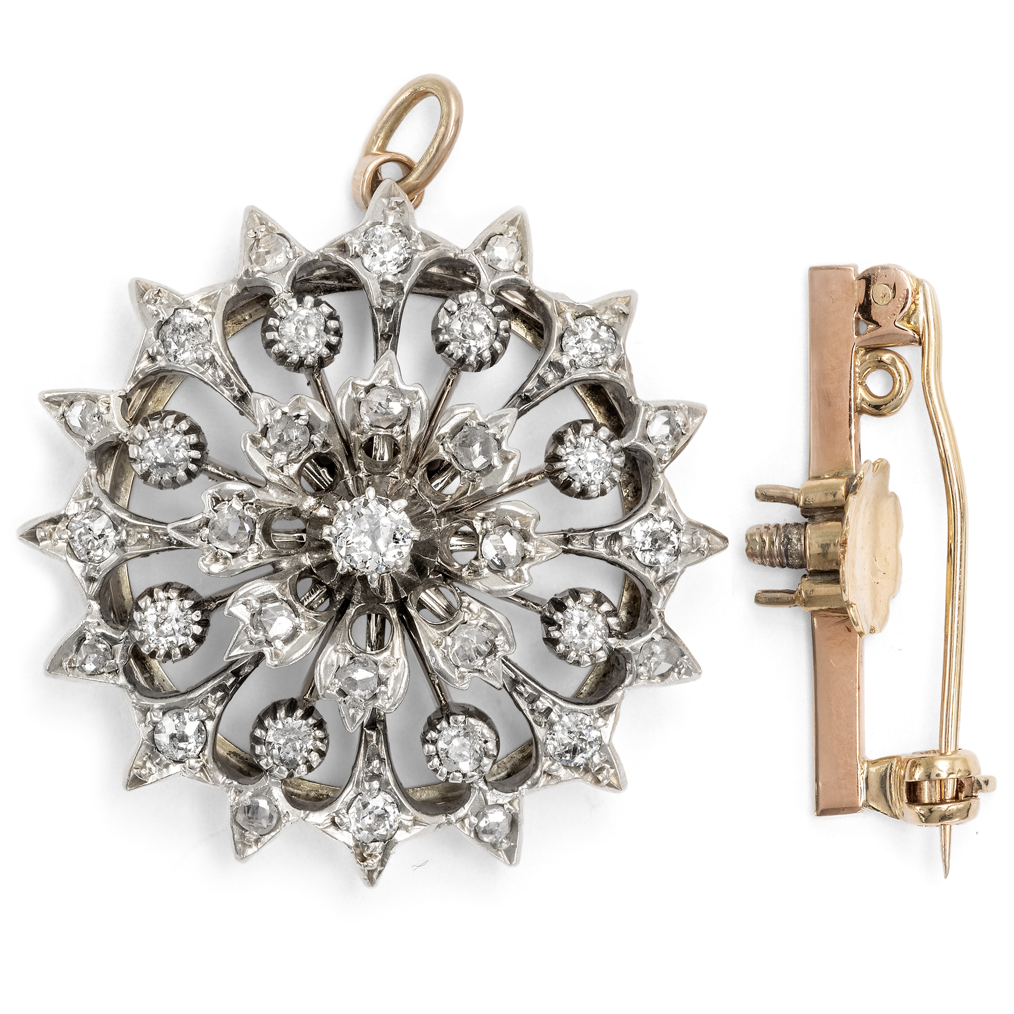 Elegante Anhänger-Brosche der Belle Èpoque mit Diamanten in Silber & Gold, um 1890 Elegante Anhänger-Brosche der Belle Èpoque mit Diamanten in Silber & Gold, um 1890