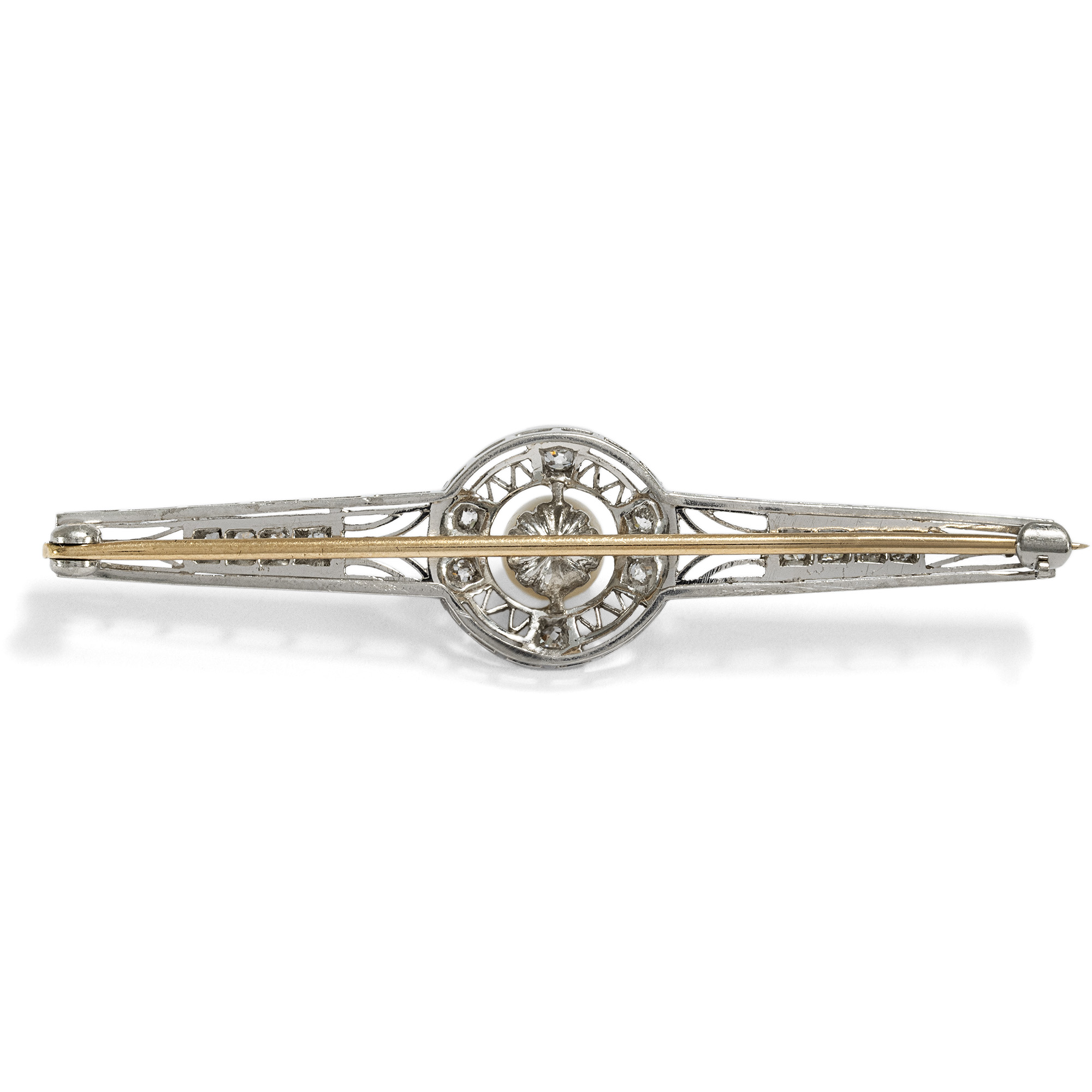 Elegante Stabnadel mit Perle & Diamanten in Gold & Platin, wohl USA um 1925 Elegante Stabnadel mit Perle & Diamanten in Gold & Platin, wohl USA um 1925