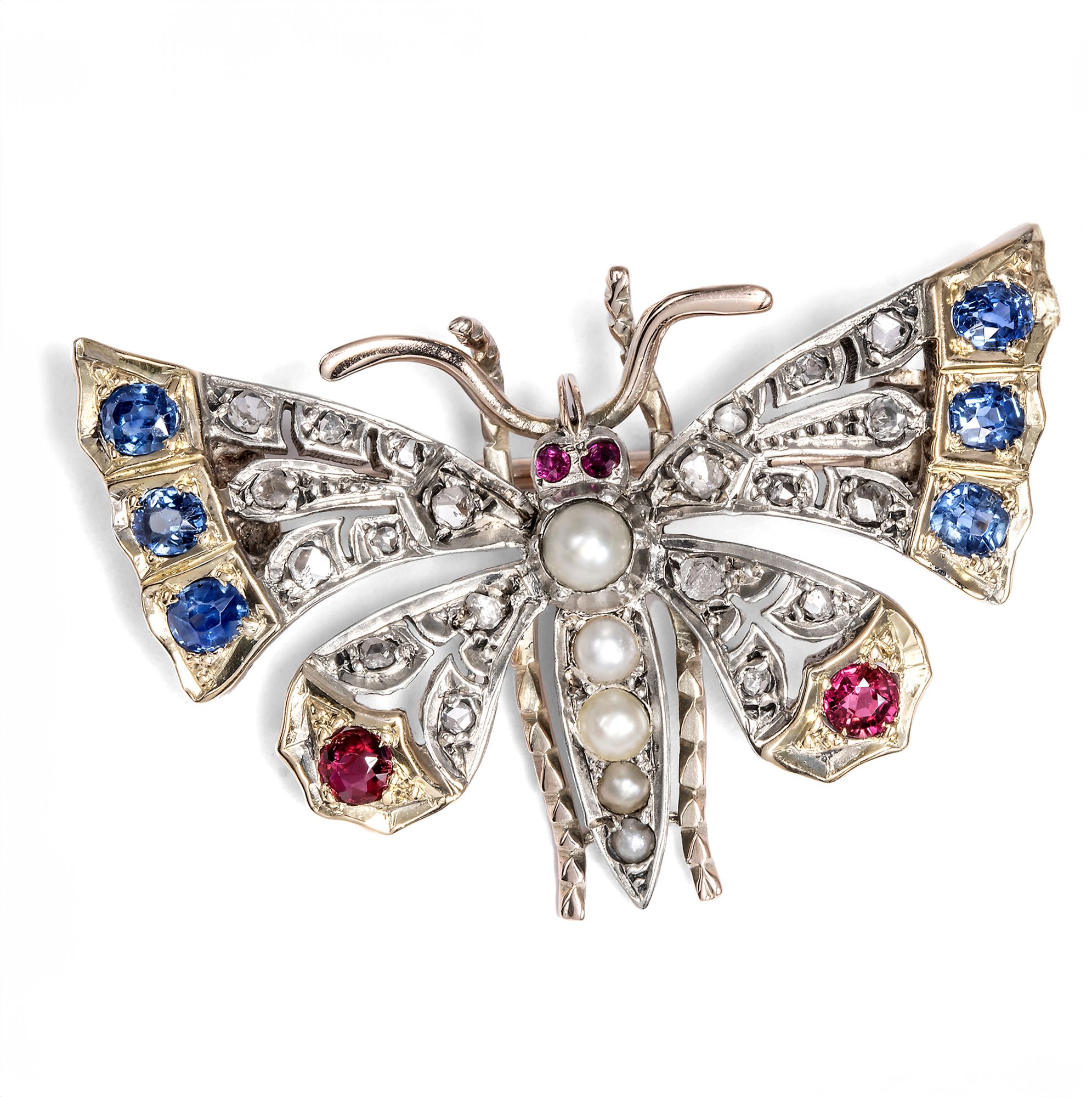 Viktorianischer Schmetterling mit Diamanten, Rubinen & Saphiren, um 1890 Viktorianischer Schmetterling mit Diamanten, Rubinen & Saphiren, um 1890