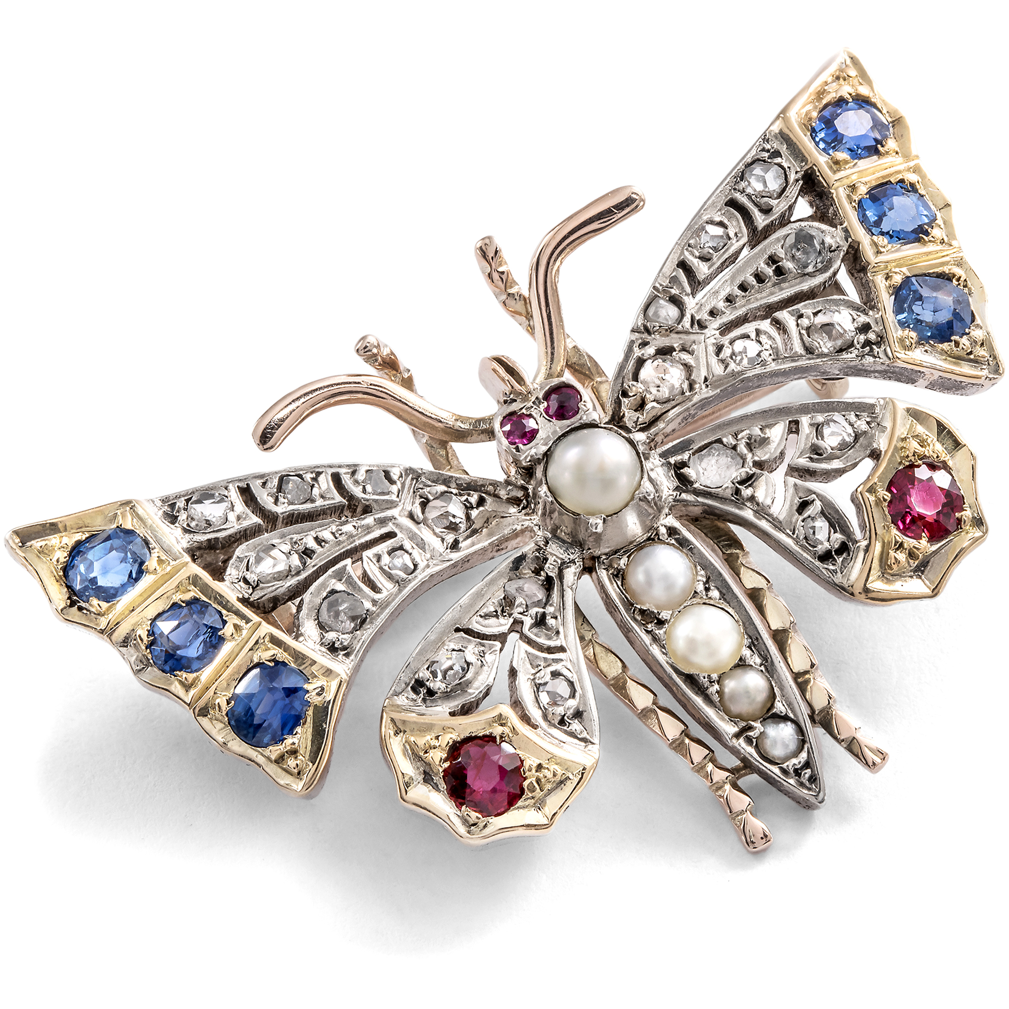 Viktorianischer Schmetterling mit Diamanten, Rubinen & Saphiren, um 1890 Viktorianischer Schmetterling mit Diamanten, Rubinen & Saphiren, um 1890