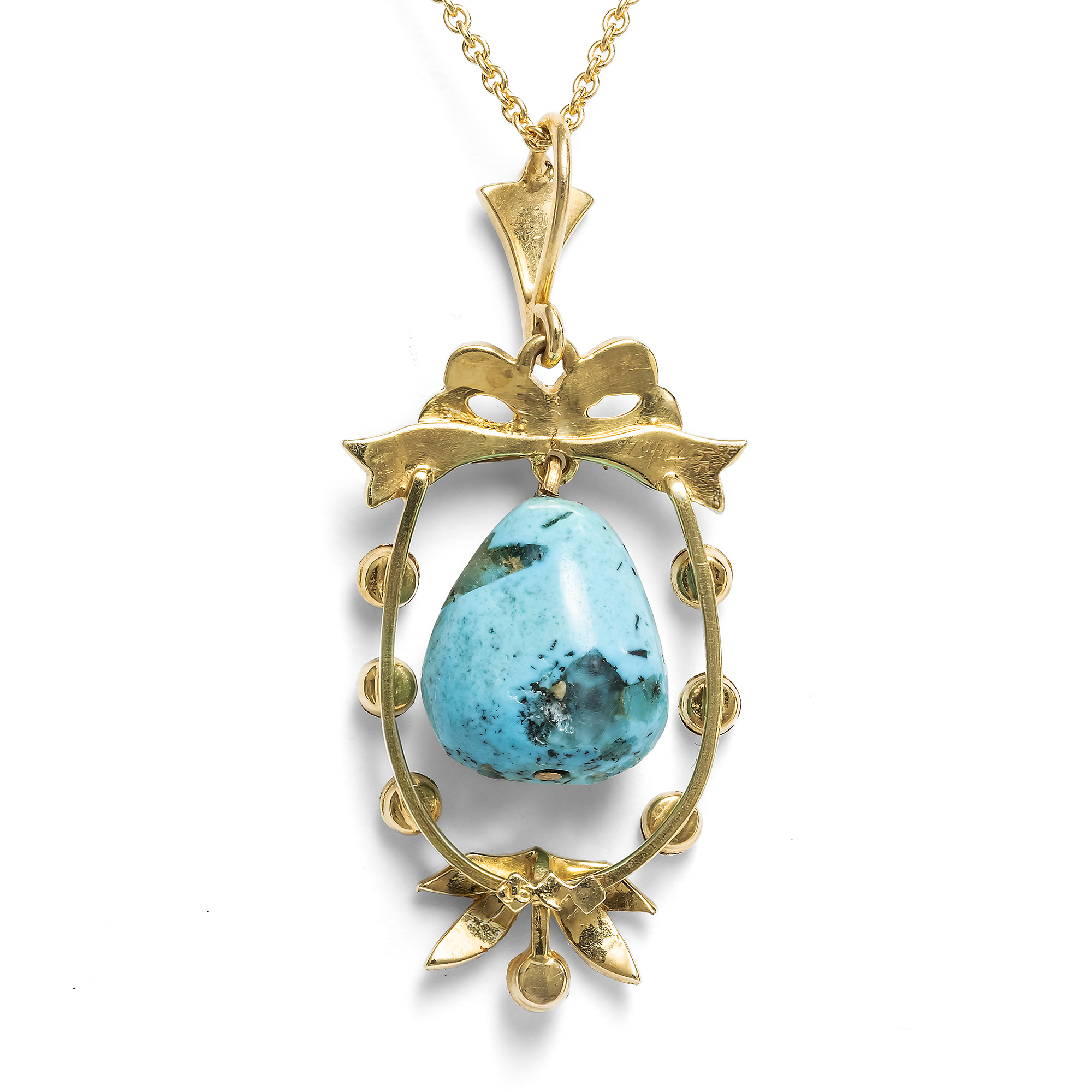 Sommerlicher Anhänger mit Türkis & Perlen in Gold, Großbritannien um 1905 Sommerlicher Anhänger mit Türkis & Perlen in Gold, Großbritannien um 1905