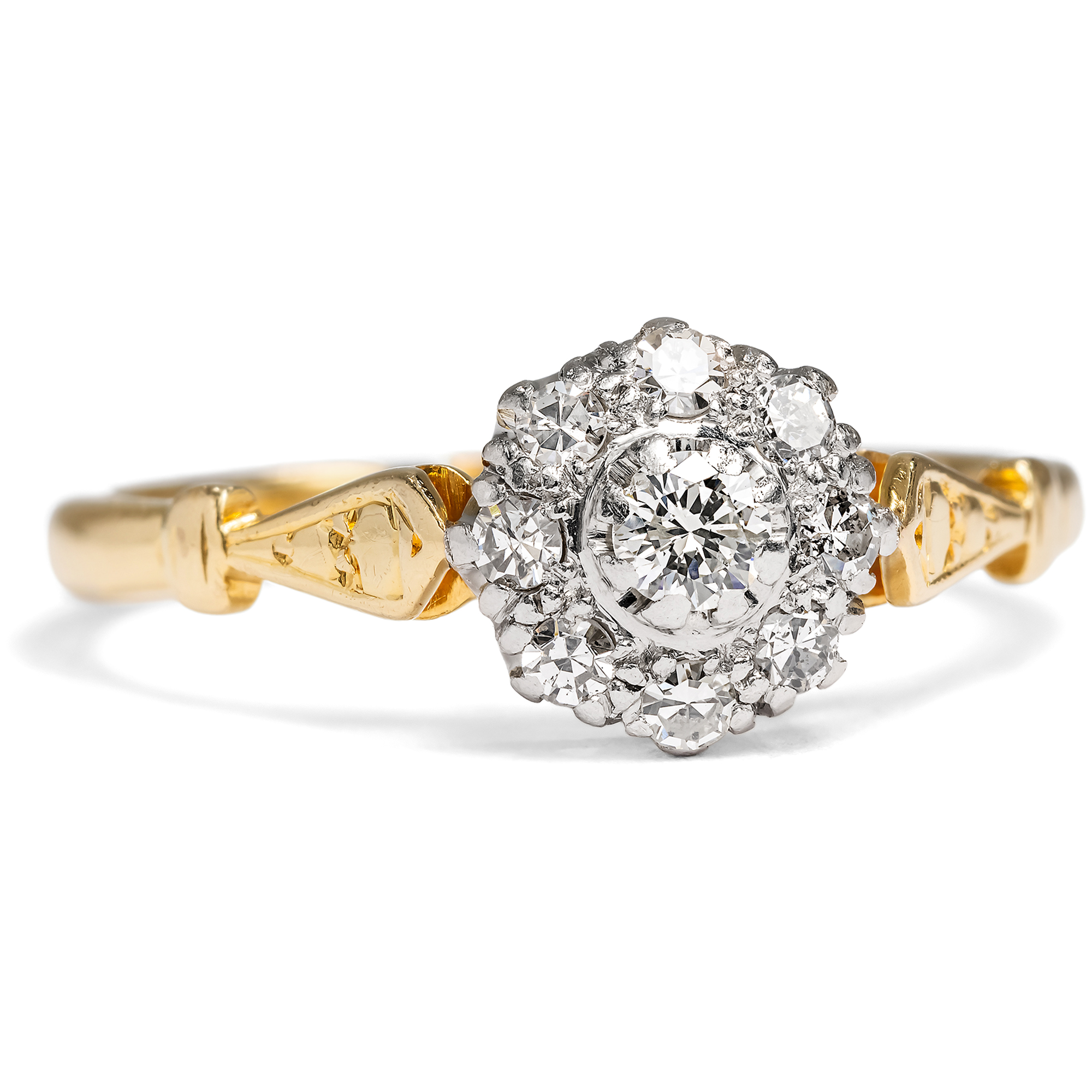 Feiner vintage „Daisy“-Ring mit Diamanten in Gold & Platin, England um 1950 Feiner vintage „Daisy“-Ring mit Diamanten in Gold & Platin, England um 1950