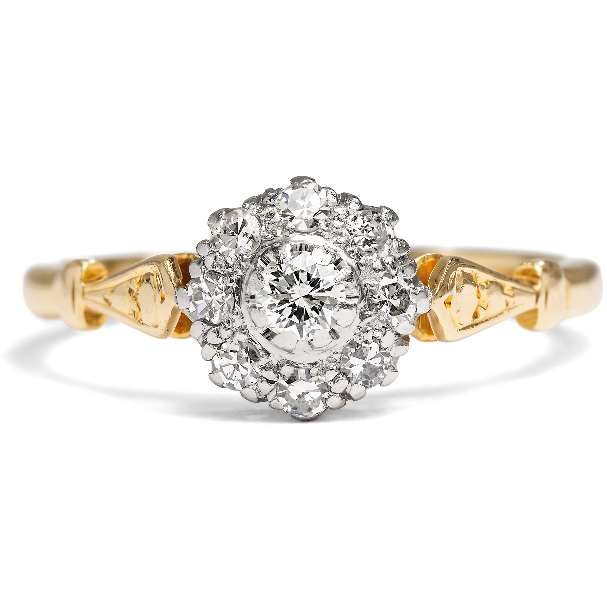 Feiner vintage „Daisy“-Ring mit Diamanten in Gold & Platin, England um 1950 Feiner vintage „Daisy“-Ring mit Diamanten in Gold & Platin, England um 1950