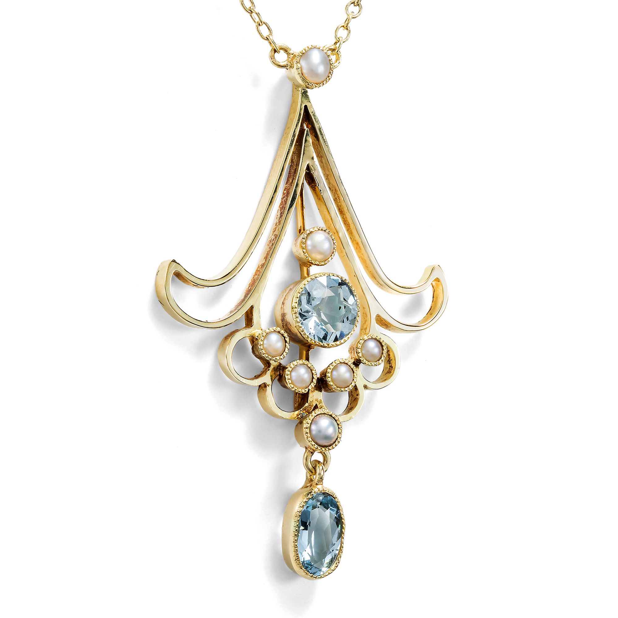 Delicate Antique Gold Necklace with Natural Pearls & Aquamarines, c. 1910 Delicate Antique Gold Necklace with Natural Pearls & Aquamarines, c. 1910