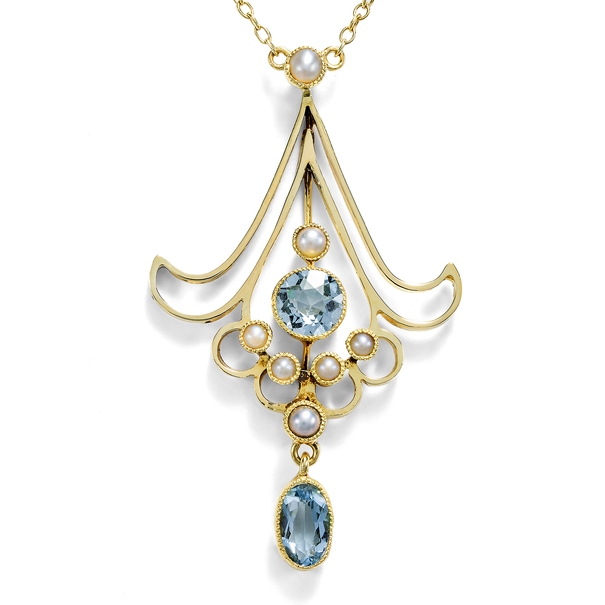Delicate Antique Gold Necklace with Natural Pearls & Aquamarines, c. 1910 Delicate Antique Gold Necklace with Natural Pearls & Aquamarines, c. 1910