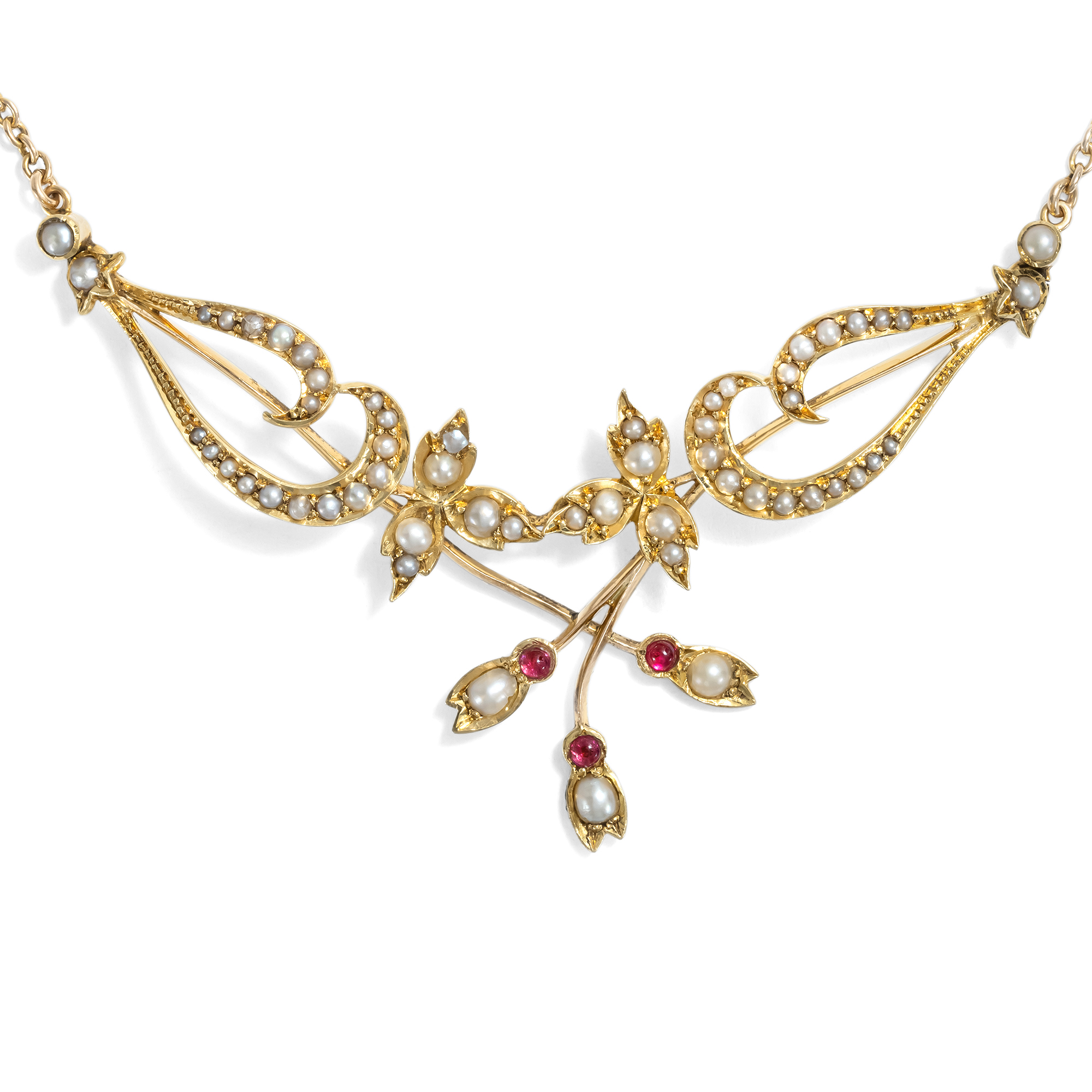 Delicate Red Spinel and Seed Pearl Necklace in Gold, British, c. 1900 Delicate Red Spinel and Seed Pearl Necklace in Gold, British, c. 1900