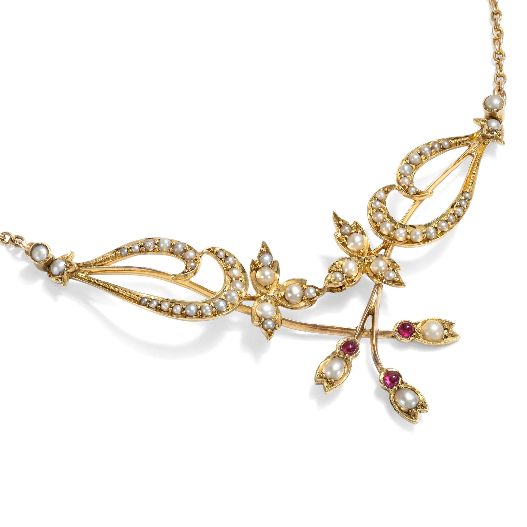 Delicate Red Spinel and Seed Pearl Necklace in Gold, British, c. 1900 Delicate Red Spinel and Seed Pearl Necklace in Gold, British, c. 1900