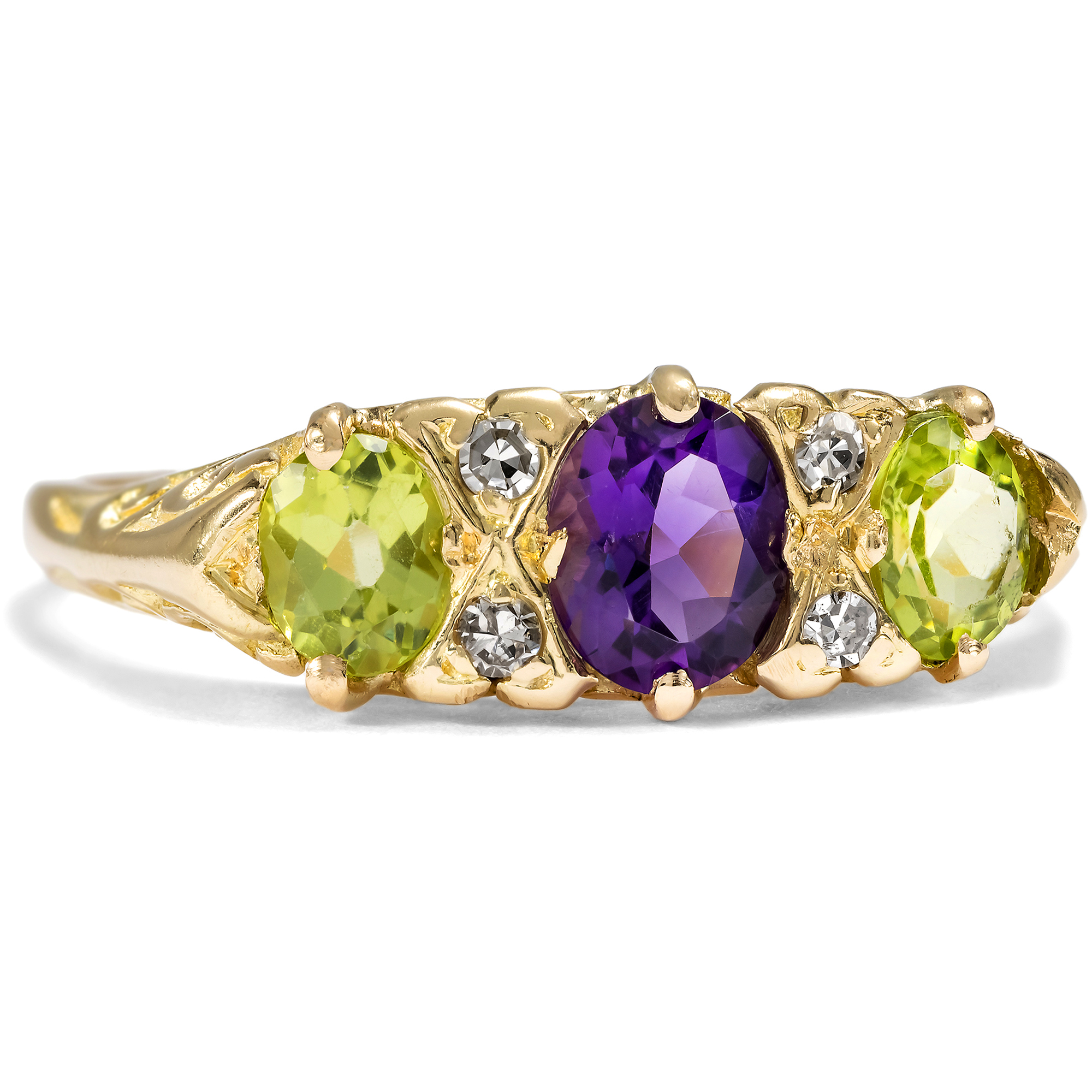 English Ring in the Colours of the Suffragettes with Diamond, Amethyst & Peridot, c. 1910