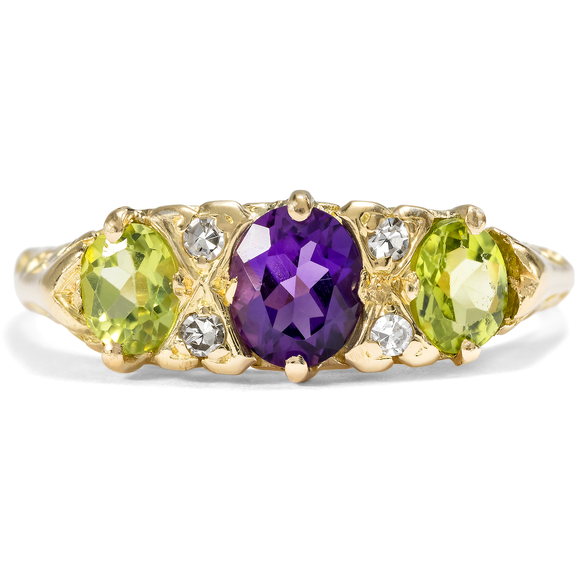 English Ring in the Colours of the Suffragettes with Diamond, Amethyst & Peridot, c. 1910