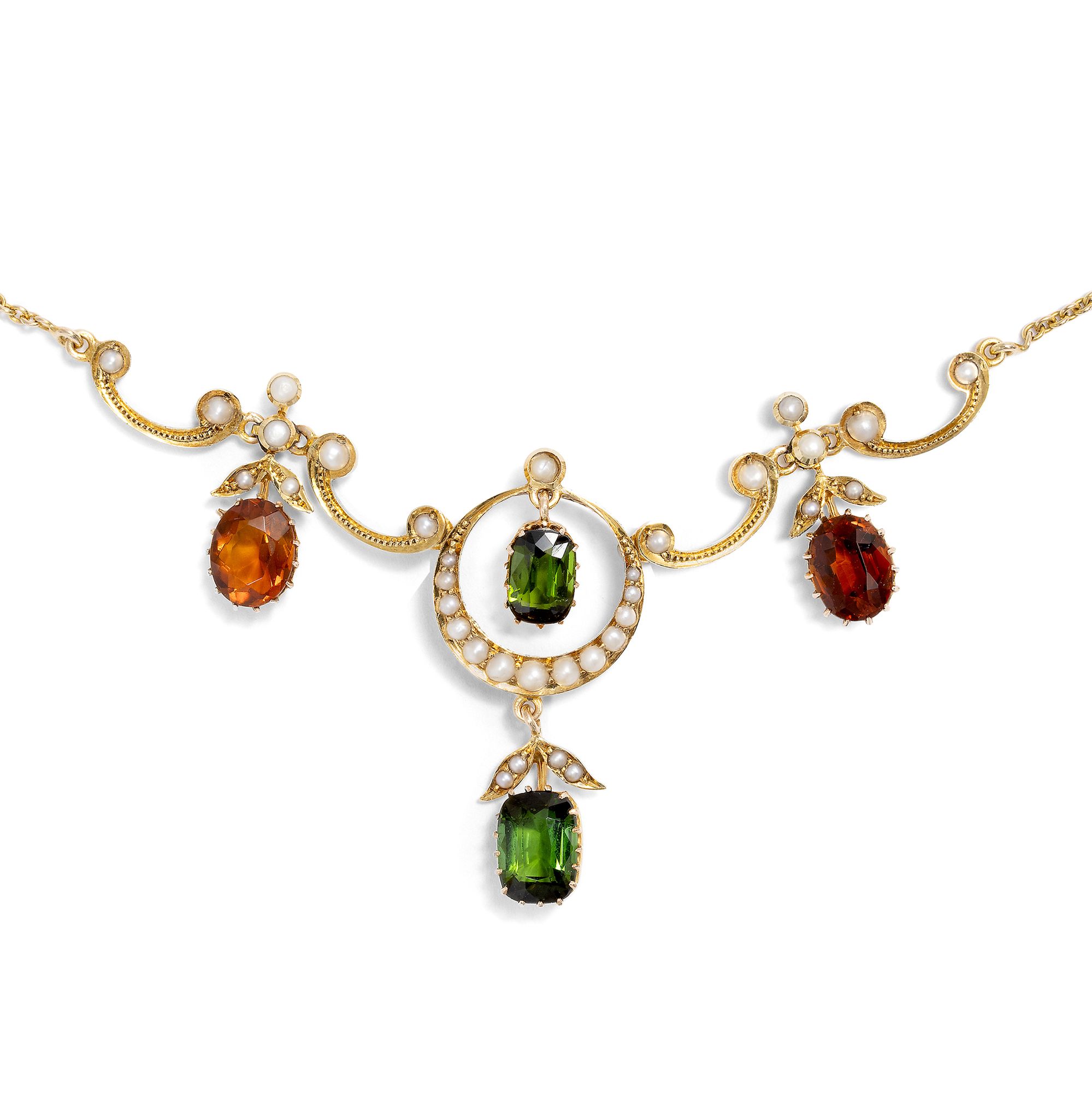 Antikes Collier mit Citrinen & grünen Turmalinen in Gold, Großbritannien um 1900 Antikes Collier mit Citrinen & grünen Turmalinen in Gold, Großbritannien um 1900