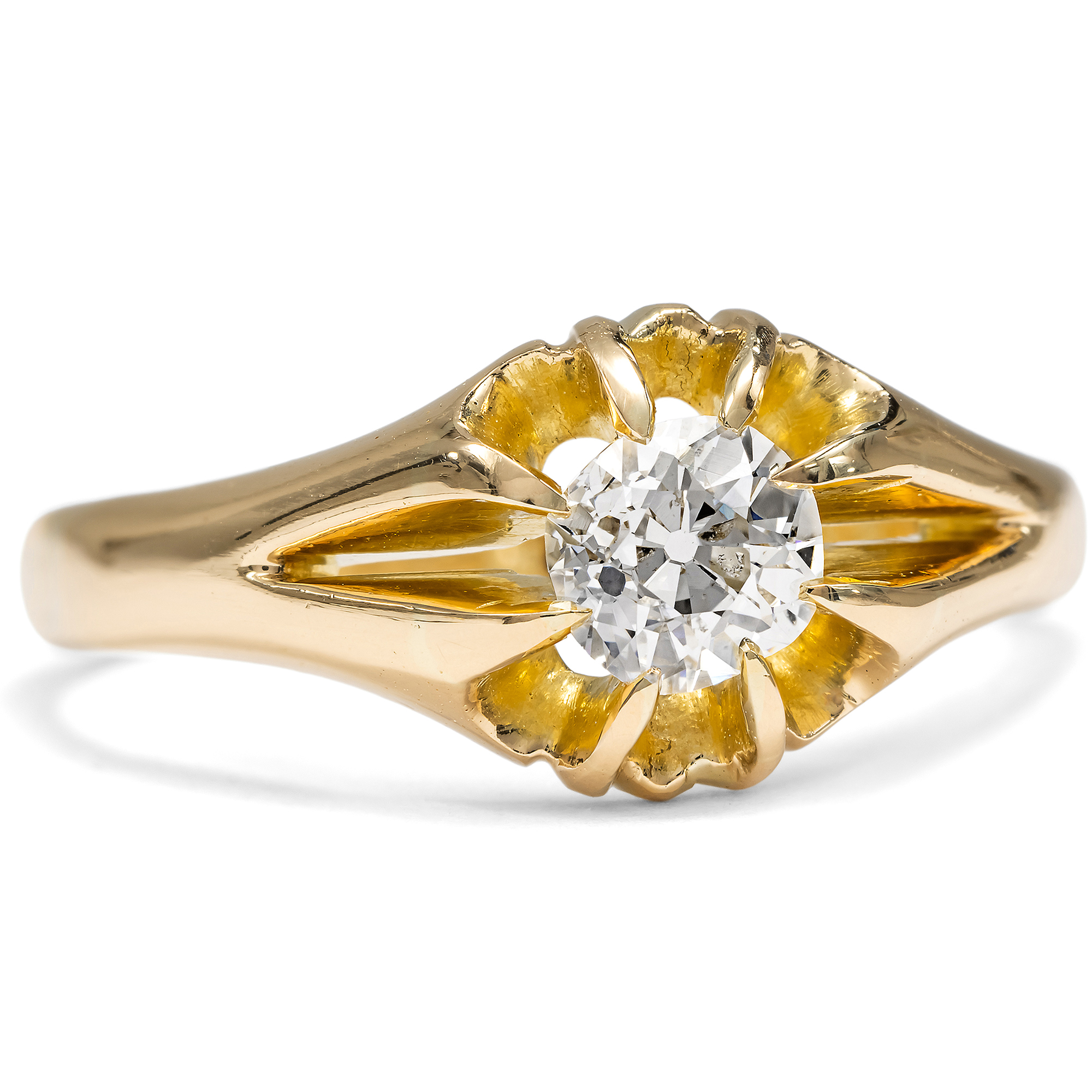 Antique Belcher Ring with Old Mine Cut Solitaire Diamond in Gold, c. 1890s Antique Belcher Ring with Old Mine Cut Solitaire Diamond in Gold, c. 1890s