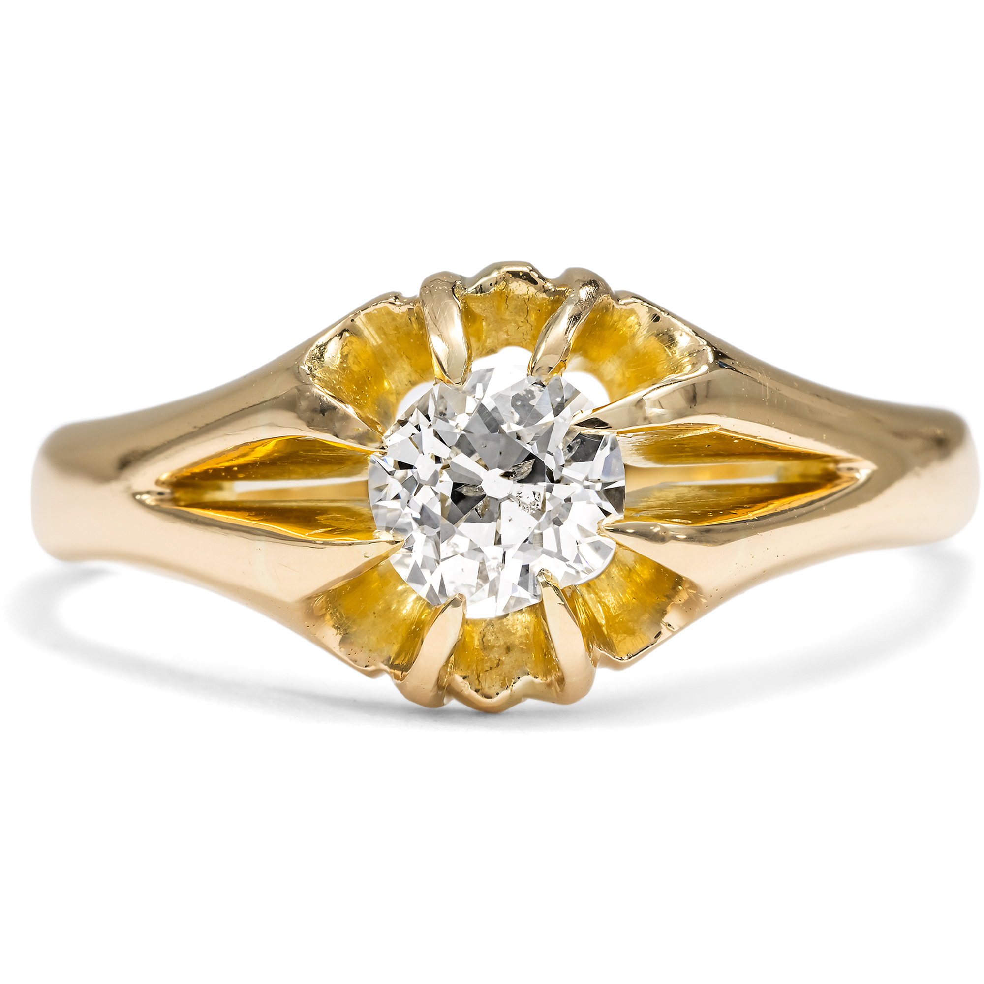 Antique Belcher Ring with Old Mine Cut Solitaire Diamond in Gold, c. 1890s Antique Belcher Ring with Old Mine Cut Solitaire Diamond in Gold, c. 1890s