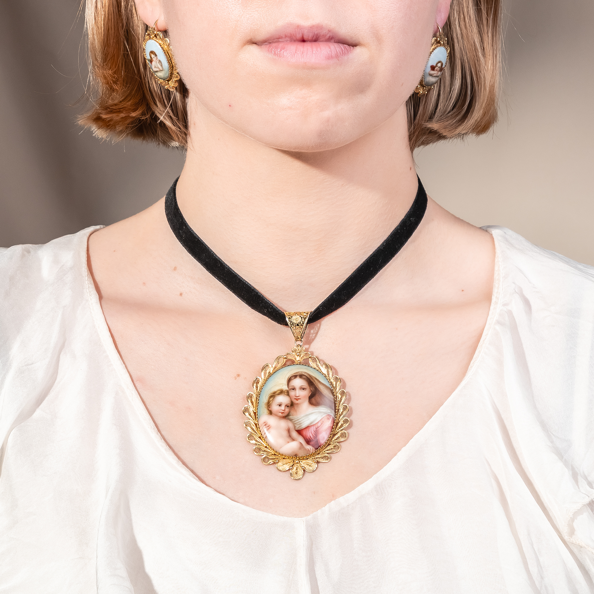 Antique Demi-Parure with Enamel Plaques of the Sistine Madonna, c. 1870 Antique Demi-Parure with Enamel Plaques of the Sistine Madonna, c. 1870