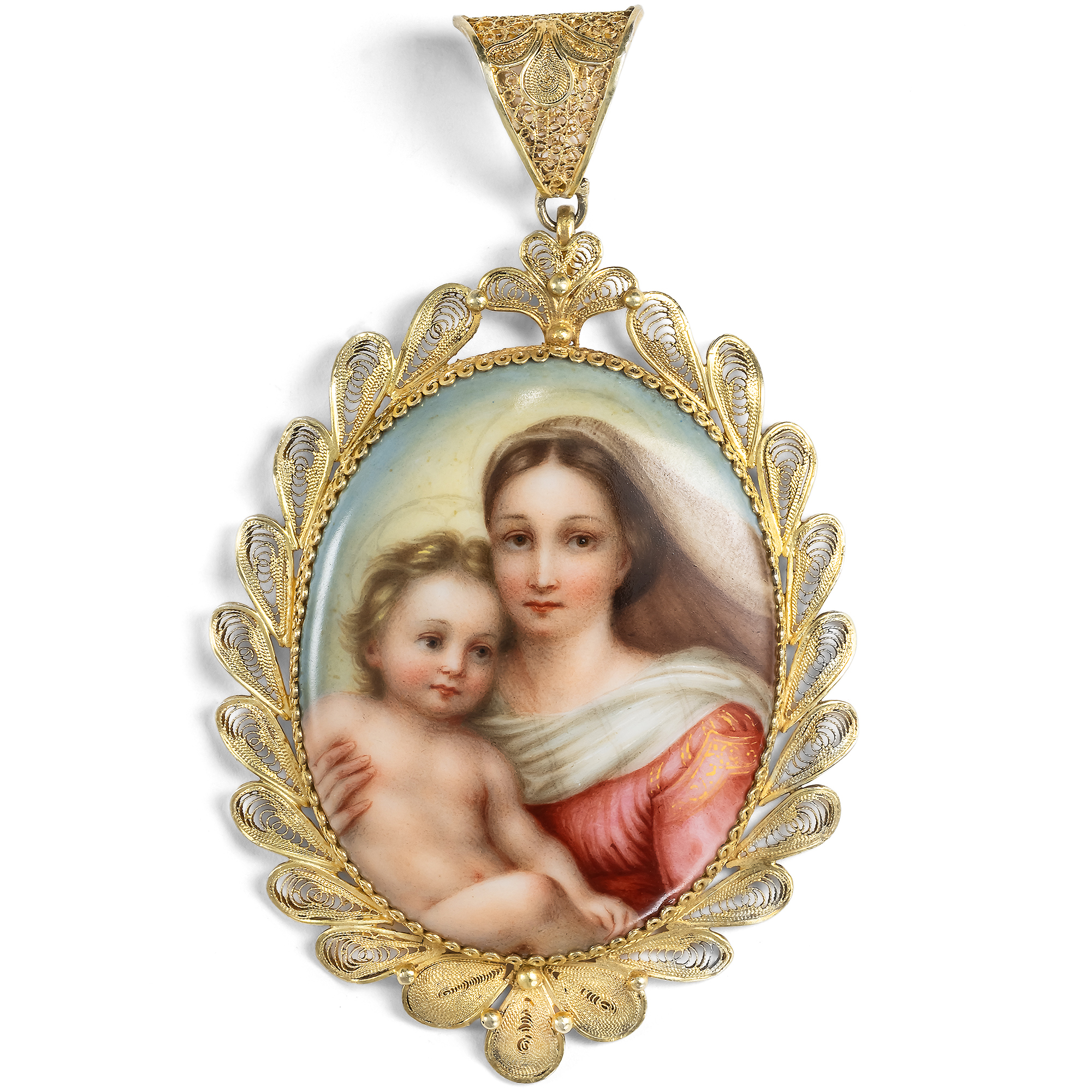 Antique Demi-Parure with Enamel Plaques of the Sistine Madonna, c. 1870 Antique Demi-Parure with Enamel Plaques of the Sistine Madonna, c. 1870