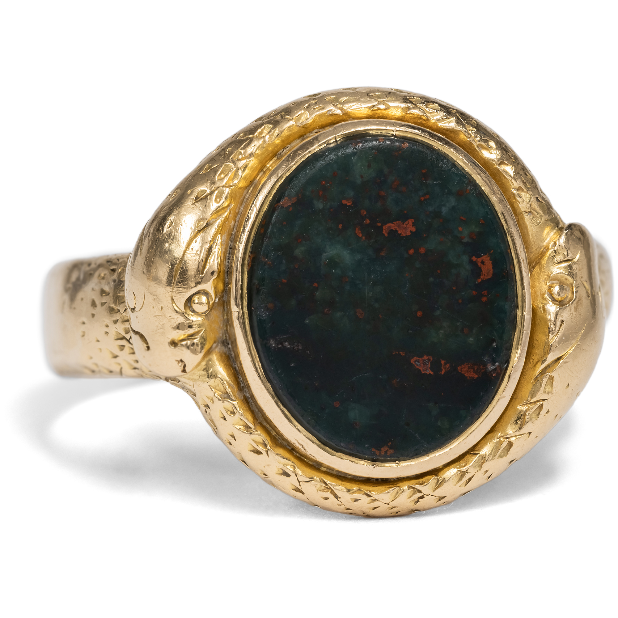 Viktorianischer Ring mit Heliotrop und Schlangendekor in Gold, Birmingham 1871 Viktorianischer Ring mit Heliotrop und Schlangendekor in Gold, Birmingham 1871