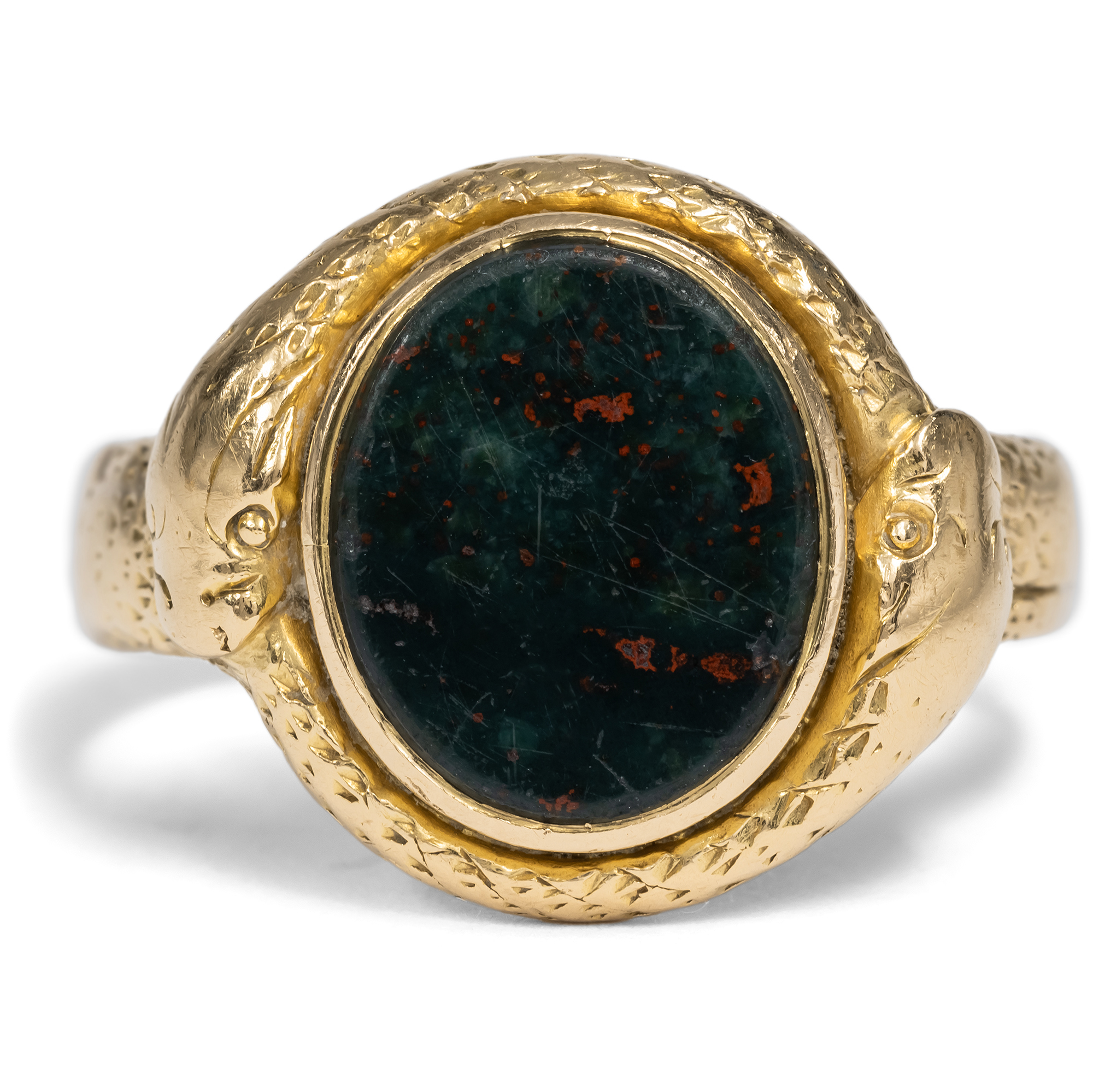 Viktorianischer Ring mit Heliotrop und Schlangendekor in Gold, Birmingham 1871 Viktorianischer Ring mit Heliotrop und Schlangendekor in Gold, Birmingham 1871