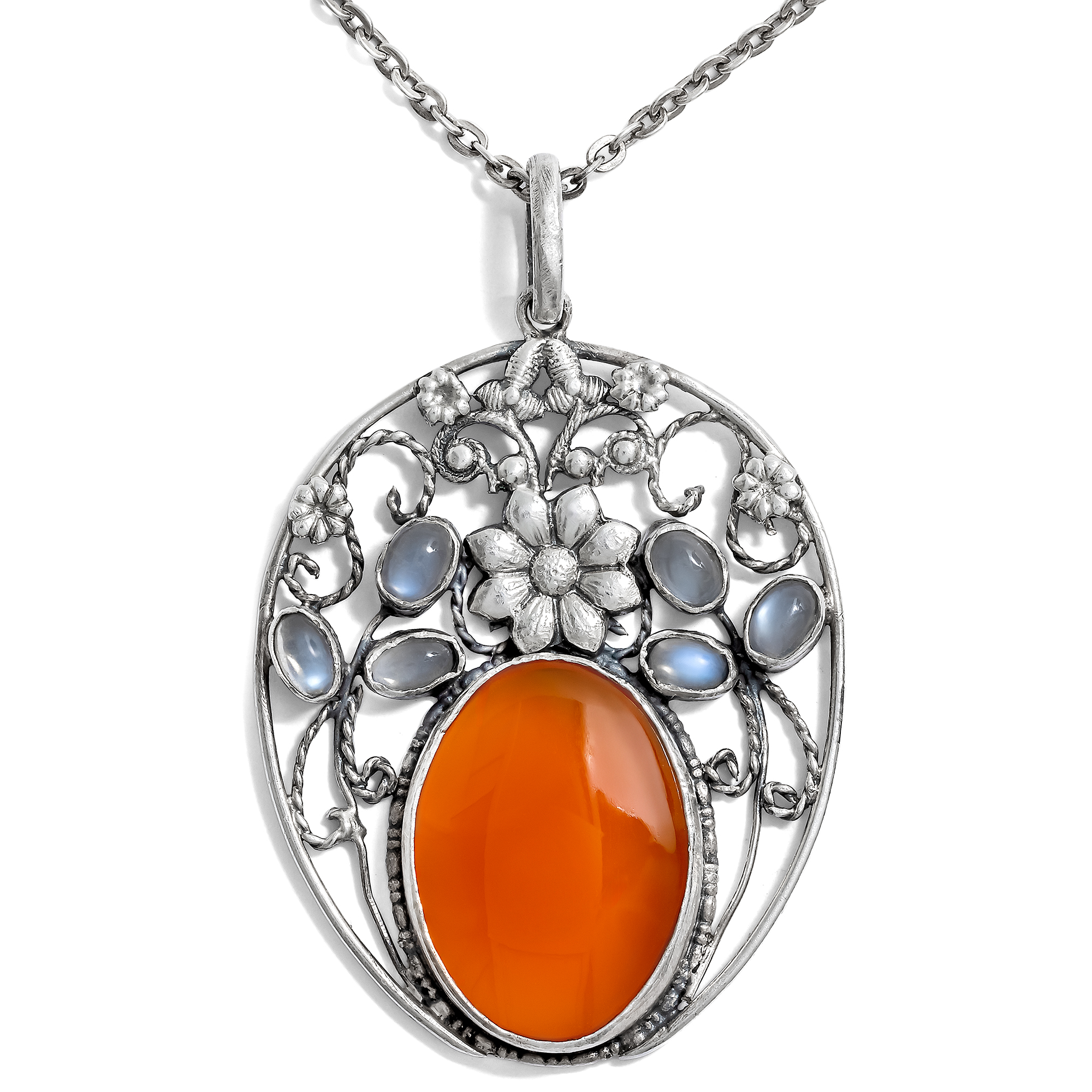 Large Art Nouveau Silver Pendant with Moonstones & Carnelian, c. 1910 Large Art Nouveau Silver Pendant with Moonstones & Carnelian, c. 1910