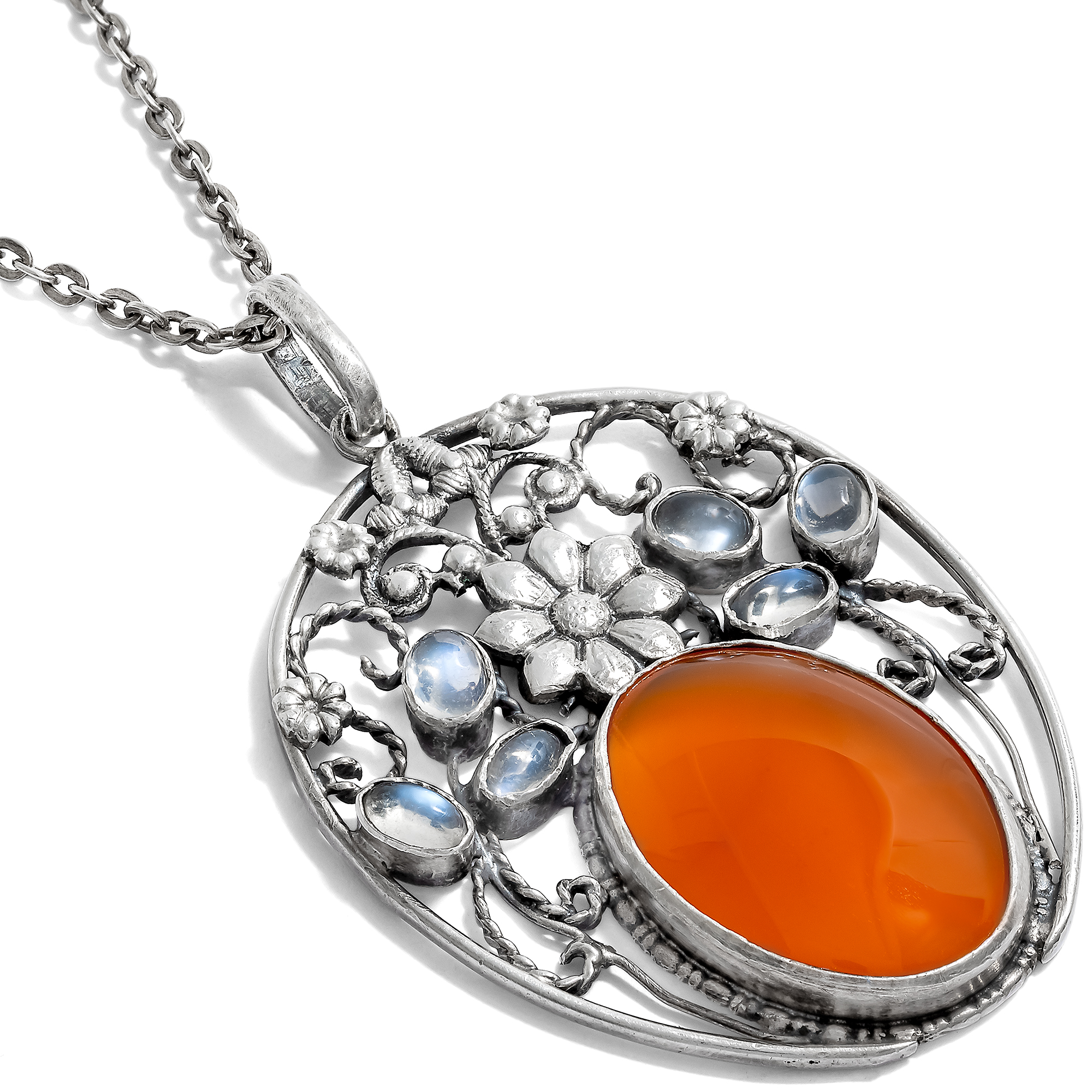 Large Art Nouveau Silver Pendant with Moonstones & Carnelian, c. 1910 Large Art Nouveau Silver Pendant with Moonstones & Carnelian, c. 1910