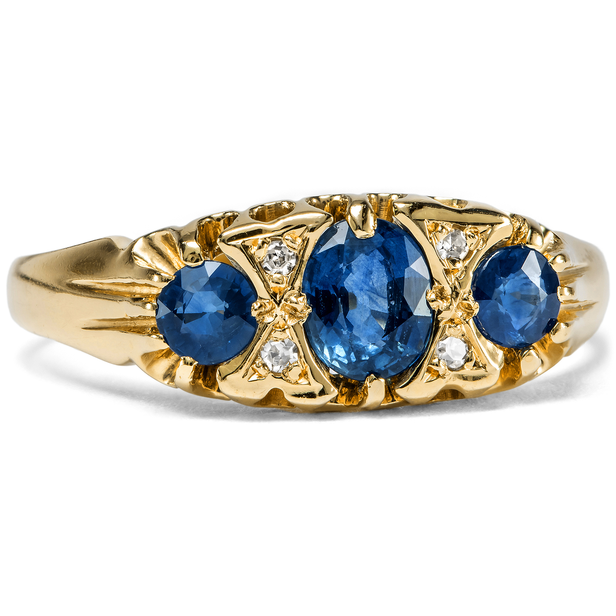 Moderner Ring in historischer Form mit Saphiren & Diamanten in Gold, England um 1990 Moderner Ring in historischer Form mit Saphiren & Diamanten in Gold, England um 1990