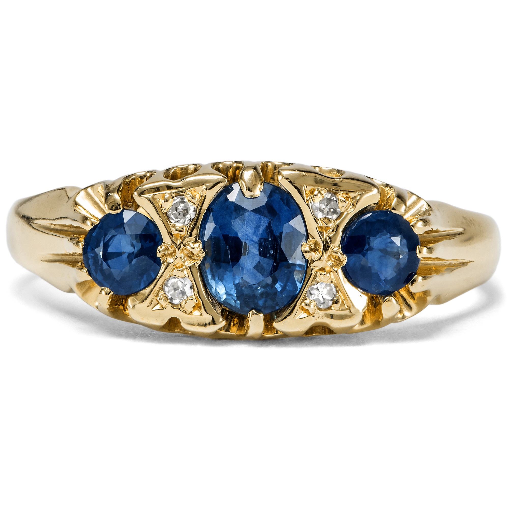 Moderner Ring in historischer Form mit Saphiren & Diamanten in Gold, England um 1990 Moderner Ring in historischer Form mit Saphiren & Diamanten in Gold, England um 1990