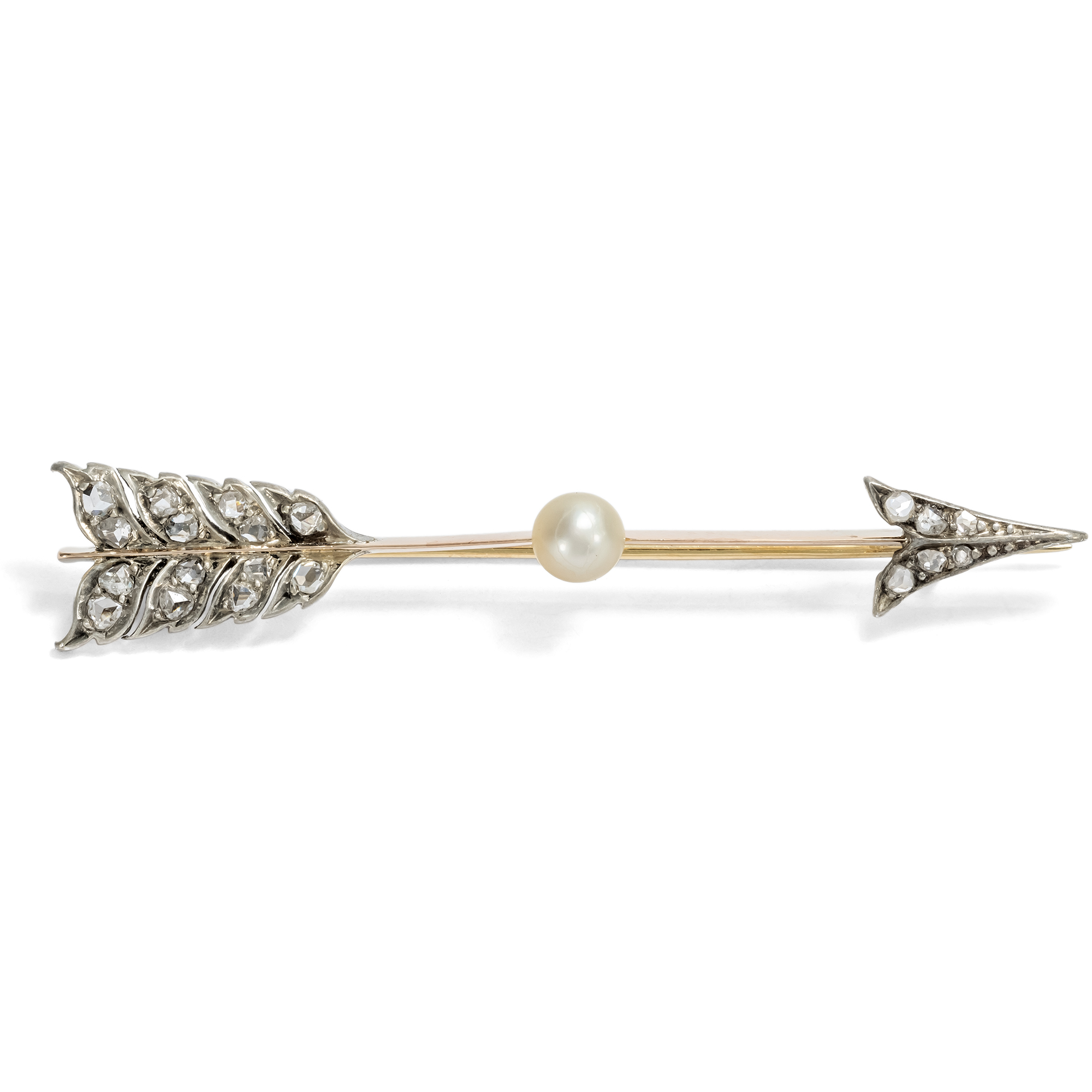 Antike Pfeil-Brosche mit Naturperle & Diamanten, England um 1890 Antike Pfeil-Brosche mit Naturperle & Diamanten, England um 1890