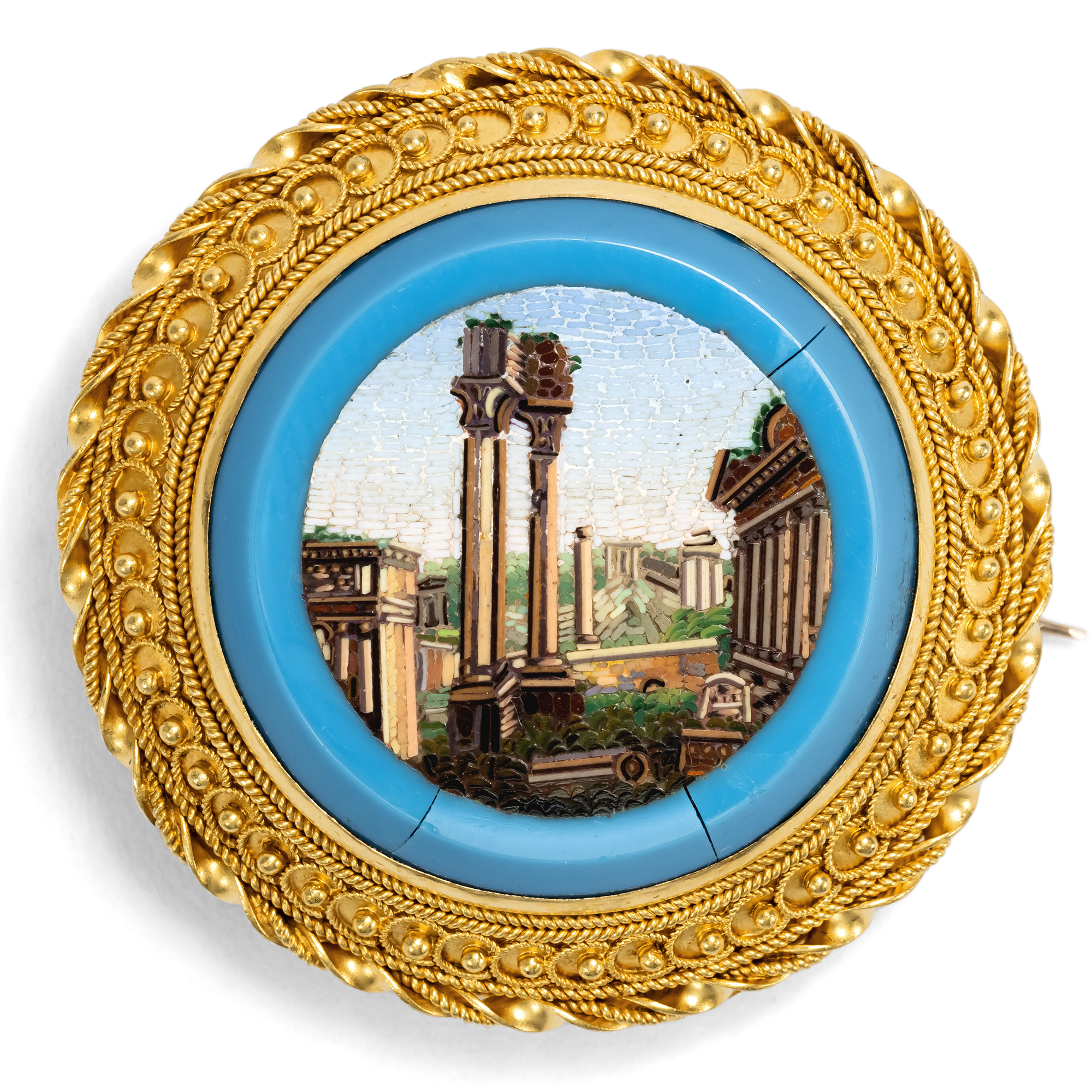 Antike Brosche mit Mikromosaik des Forum Romanum in Gold, Rom um 1870 Antike Brosche mit Mikromosaik des Forum Romanum in Gold, Rom um 1870