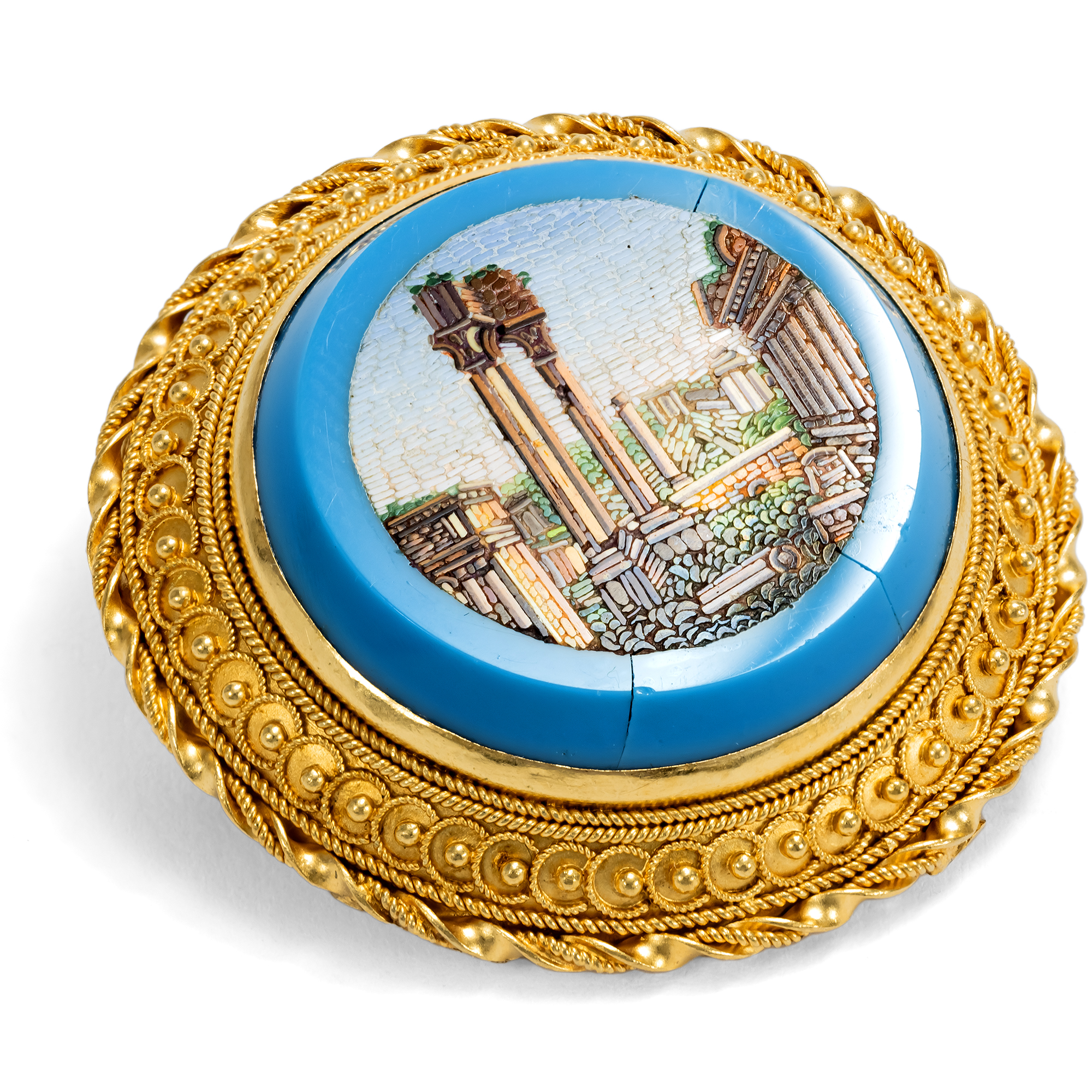 Antike Brosche mit Mikromosaik des Forum Romanum in Gold, Rom um 1870 Antike Brosche mit Mikromosaik des Forum Romanum in Gold, Rom um 1870