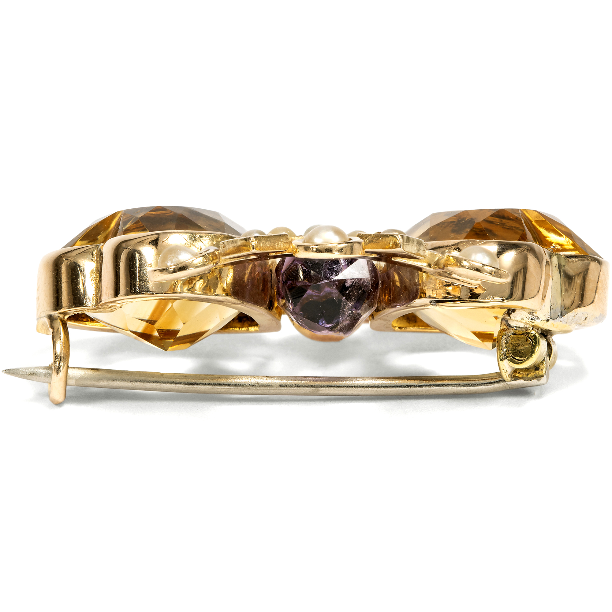 Viktorianische Brosche mit Citrinen, Amethyst & Perlen in Gold, Birmingham 1896 Viktorianische Brosche mit Citrinen, Amethyst & Perlen in Gold, Birmingham 1896