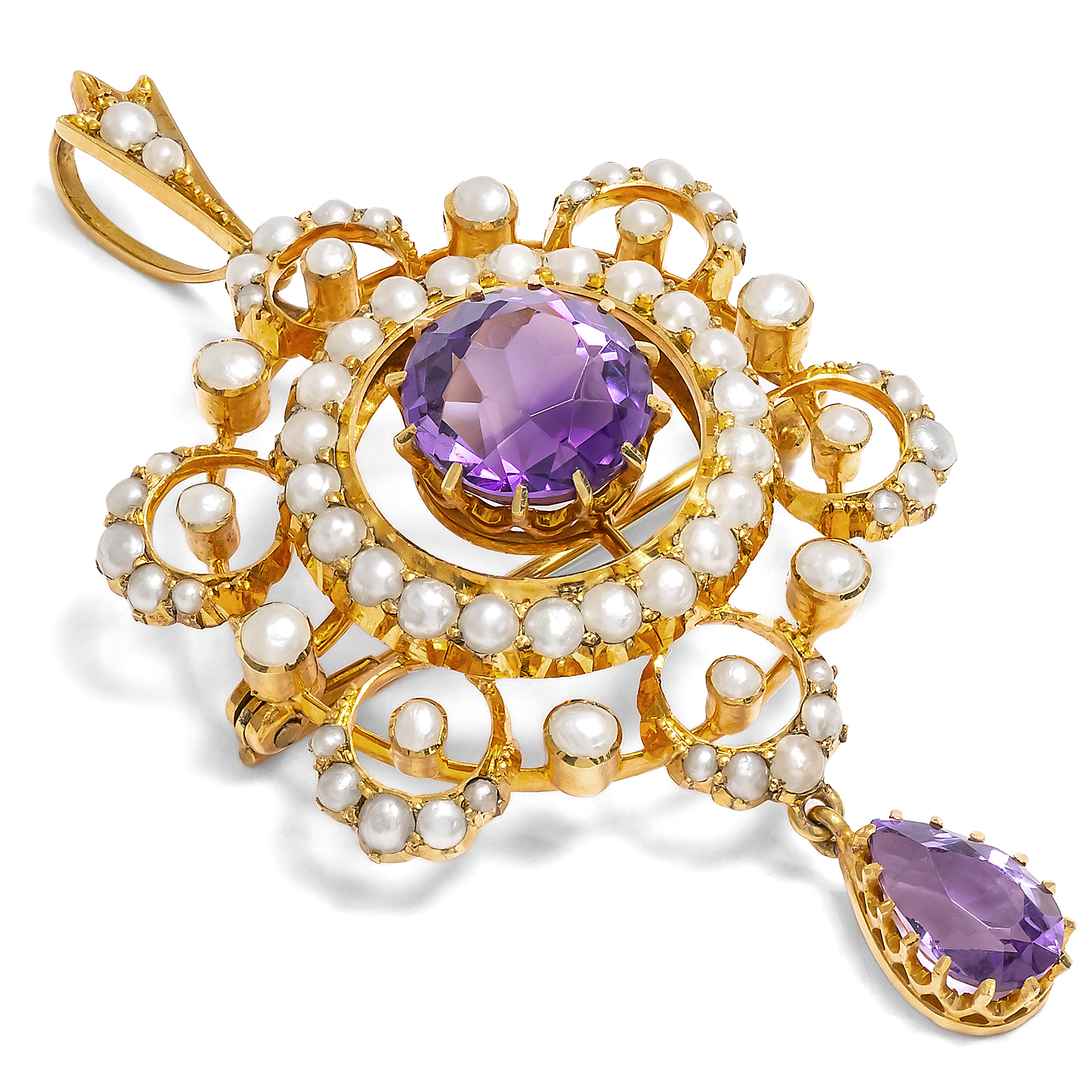 Magnificent pendant brooch with amethyst & pearls in gold, Great Britain circa 1900 Magnificent pendant brooch with amethyst & pearls in gold, Great Britain circa 1900