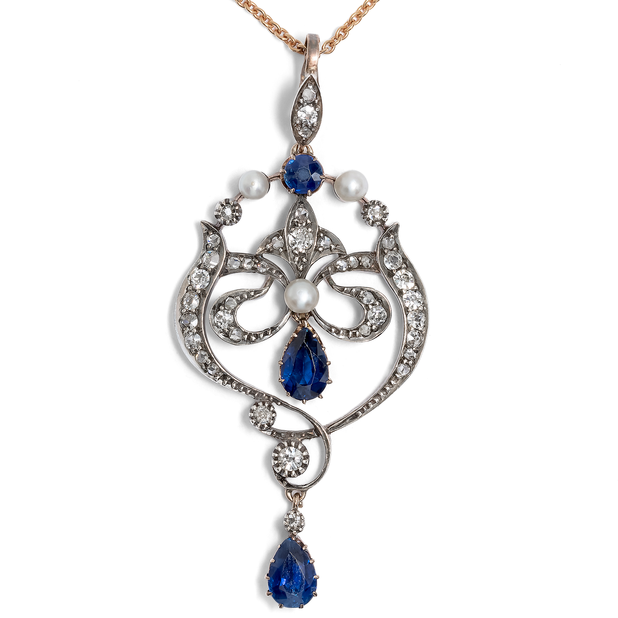 Eleganter antiker Anhänger mit Saphiren, Perlen & Diamanten, um 1900 Eleganter antiker Anhänger mit Saphiren, Perlen & Diamanten, um 1900