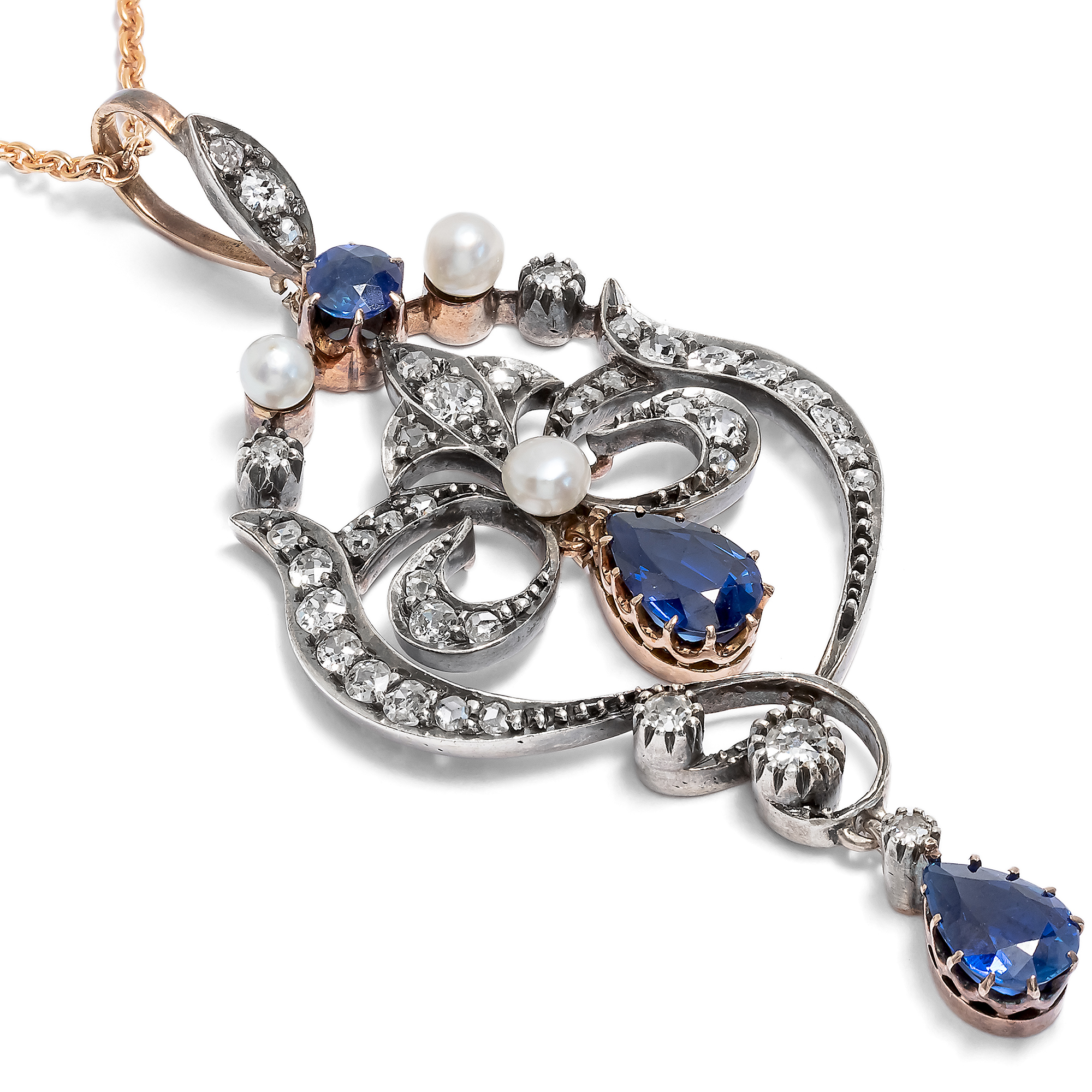 Eleganter antiker Anhänger mit Saphiren, Perlen & Diamanten, um 1900 Eleganter antiker Anhänger mit Saphiren, Perlen & Diamanten, um 1900